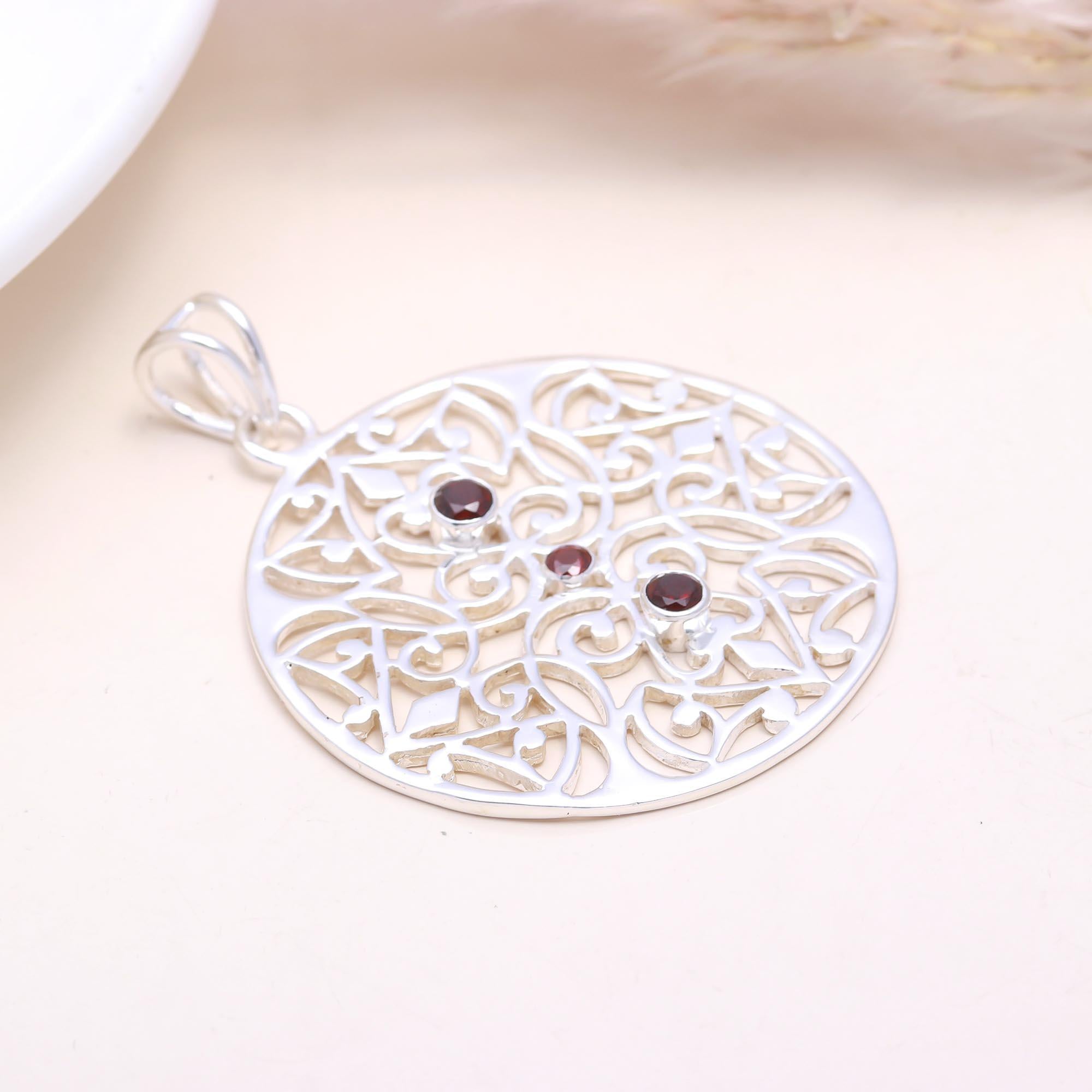 The Garnet Lattice Medallion: Round Garnet Filigree Pendant