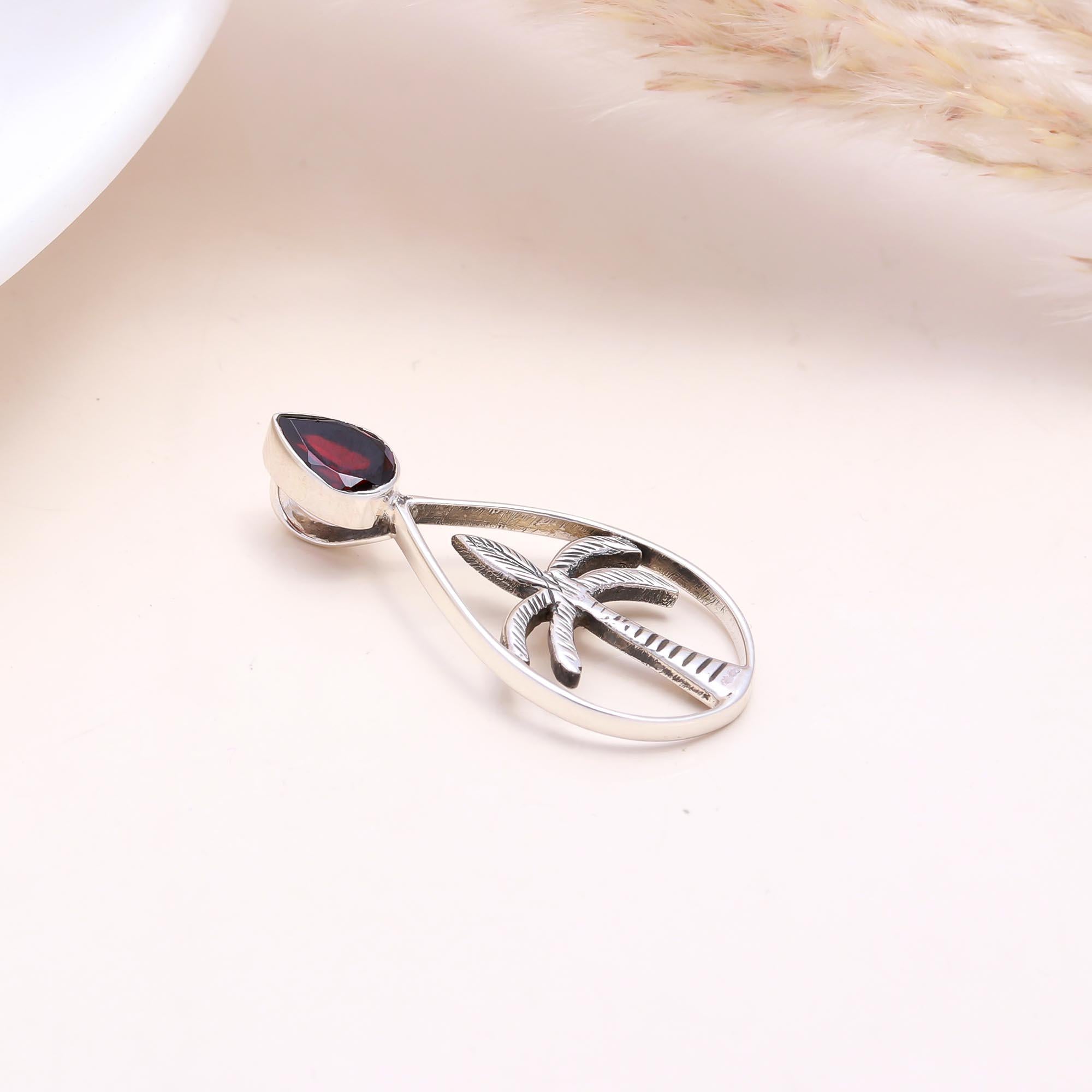 The Tropical Palm Drop: Silver Palm Tree & Garnet Pendant