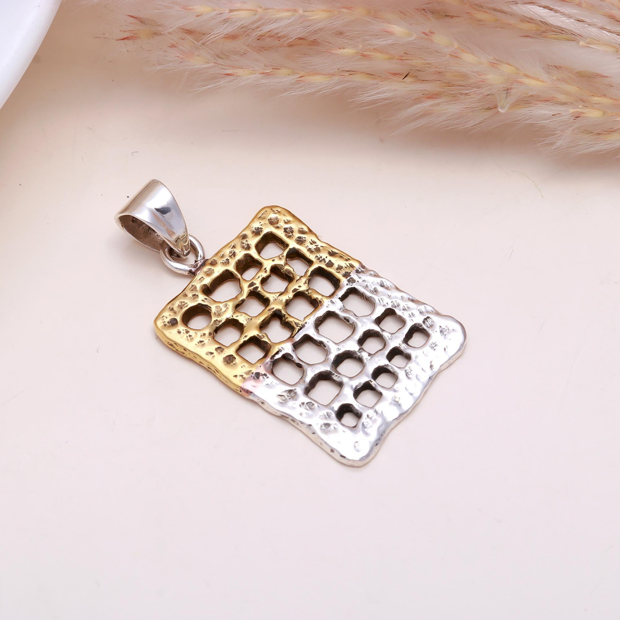The Rustic Grid: Hammered Two-Tone Lattice Pendant