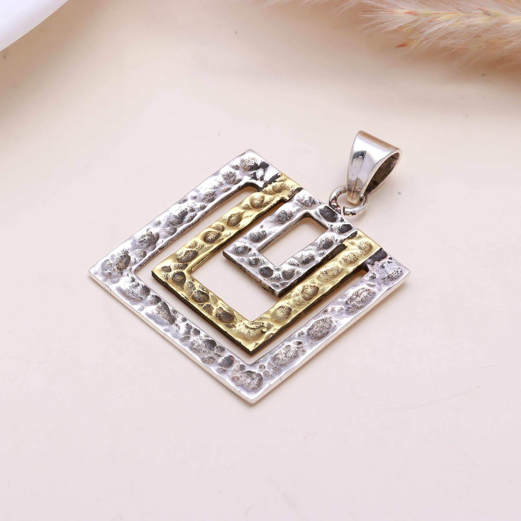 The Rustic Geo-Frame: Hammered Two-Tone Nested Pendant