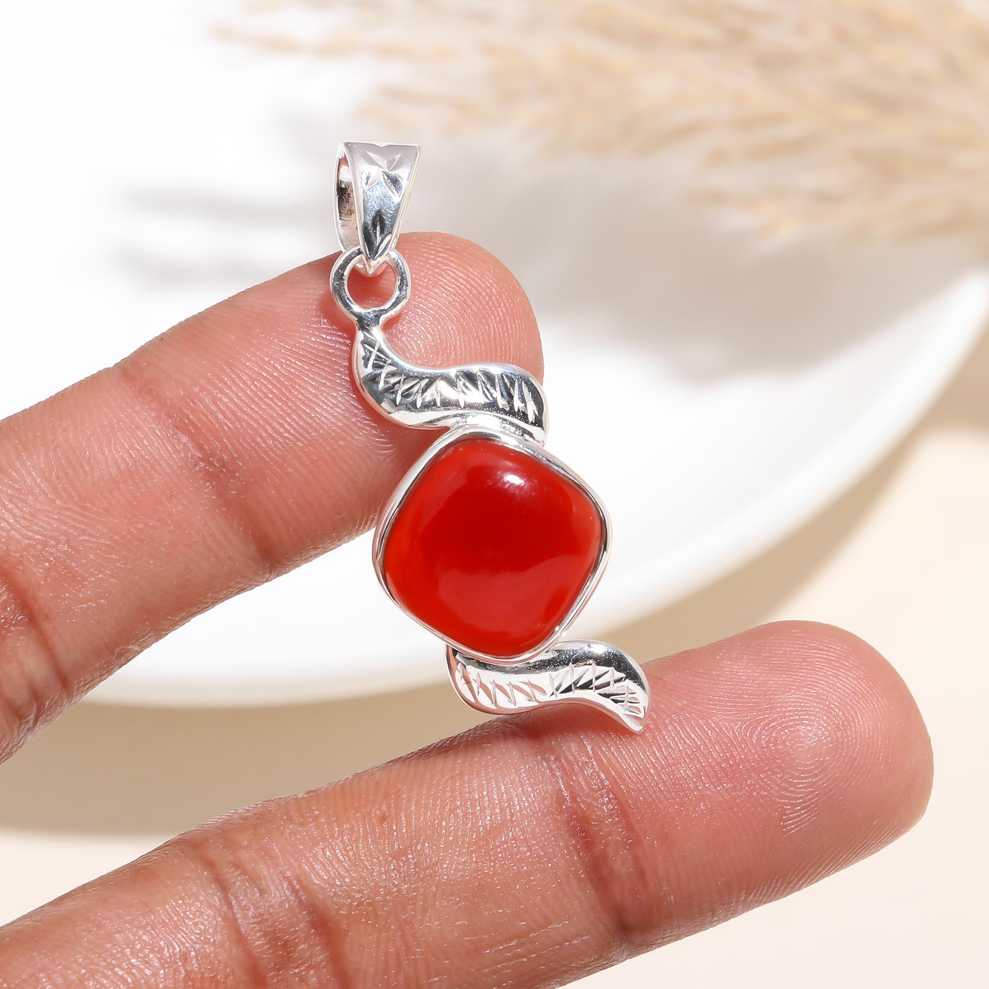 The Crimson Curve: Red Onyx Abstract Silver Pendant