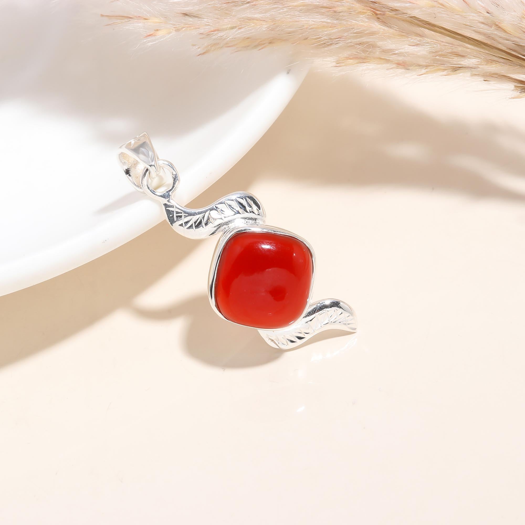 The Crimson Curve: Red Onyx Abstract Silver Pendant