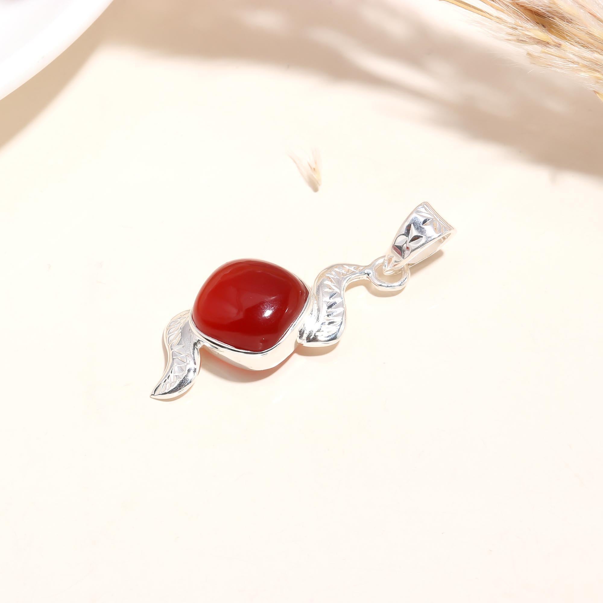 The Crimson Curve: Red Onyx Abstract Silver Pendant