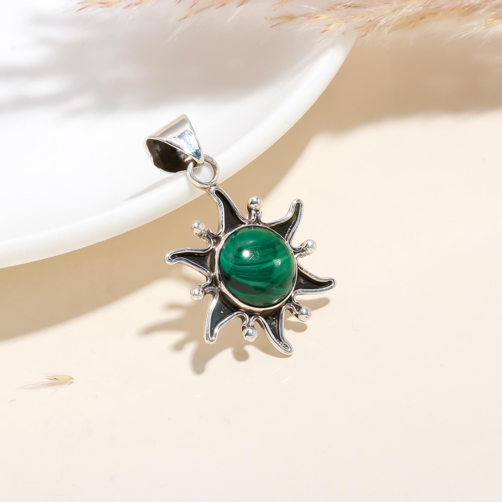 The Malachite Sun: Solar Ray Silver Pendant