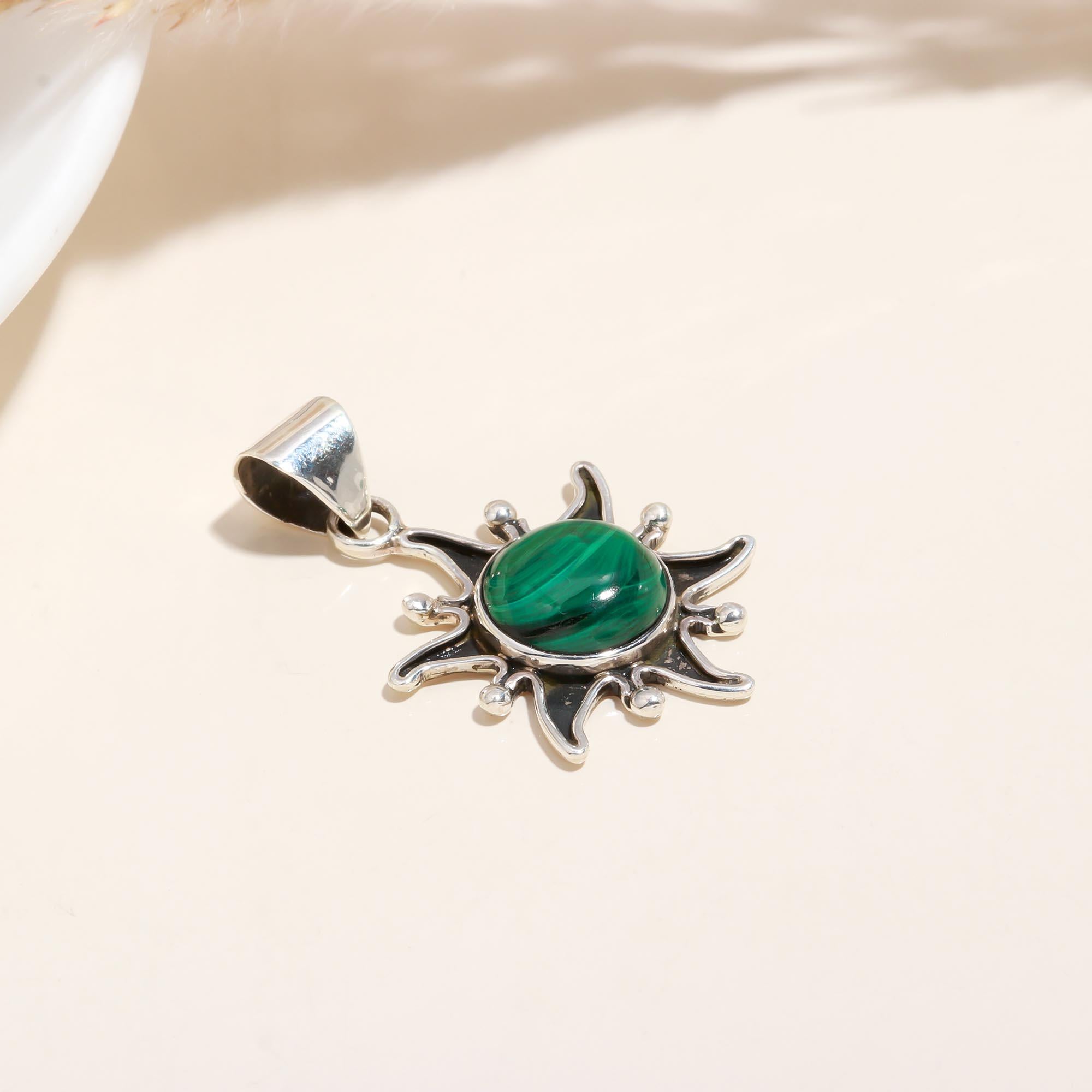 The Malachite Sun: Solar Ray Silver Pendant
