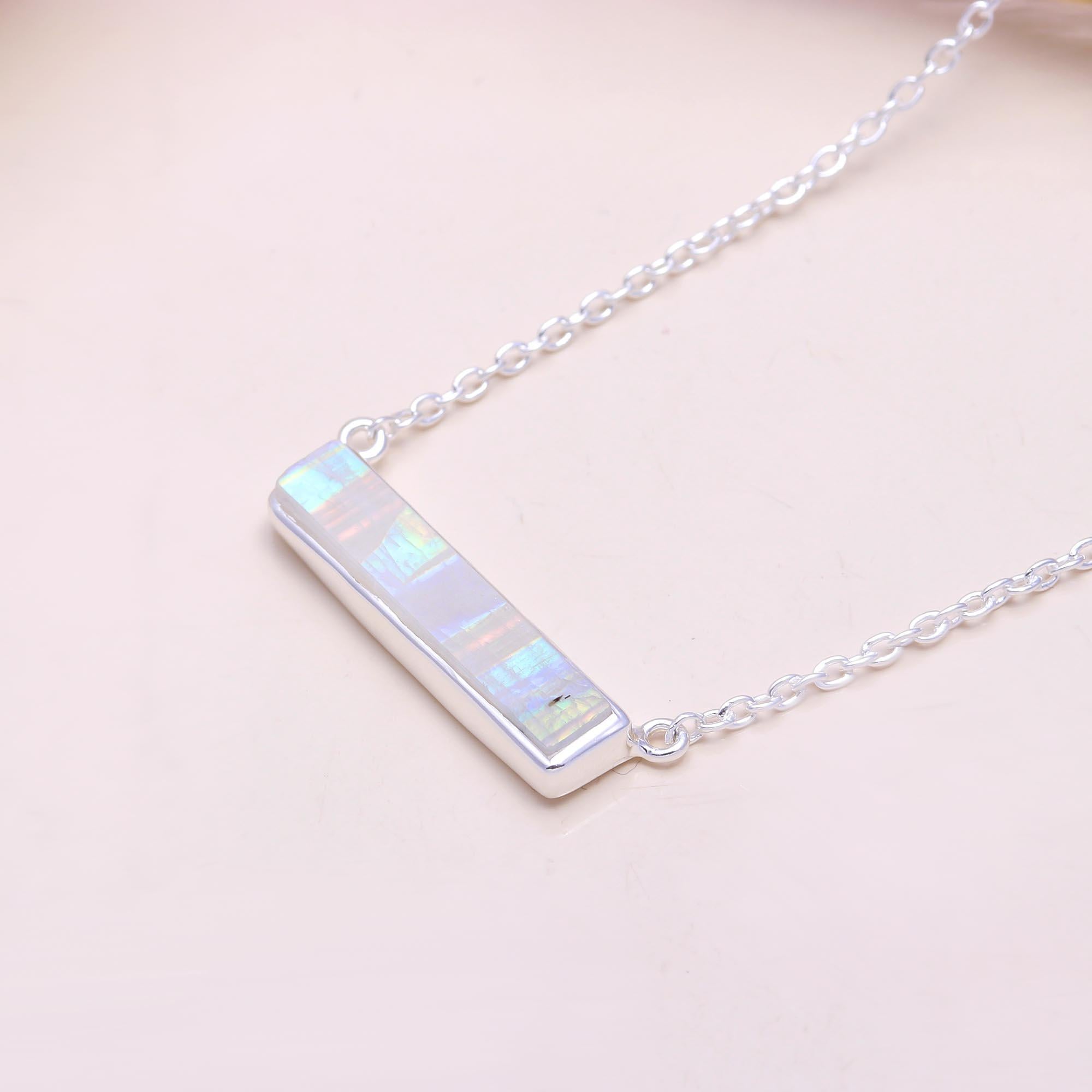 The Sleek Inlay: Rainbow Moonstone Bar Necklace