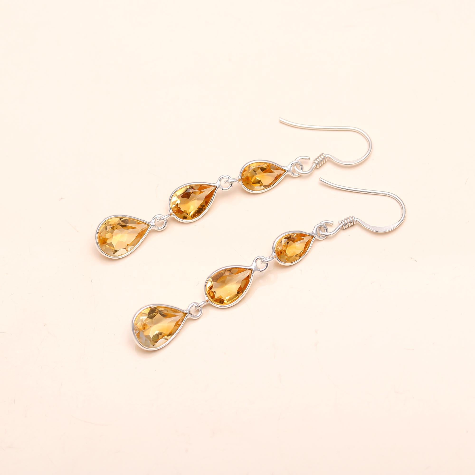 Citrine Bezel Dangle Earrings in Sterling Silver  Handmade