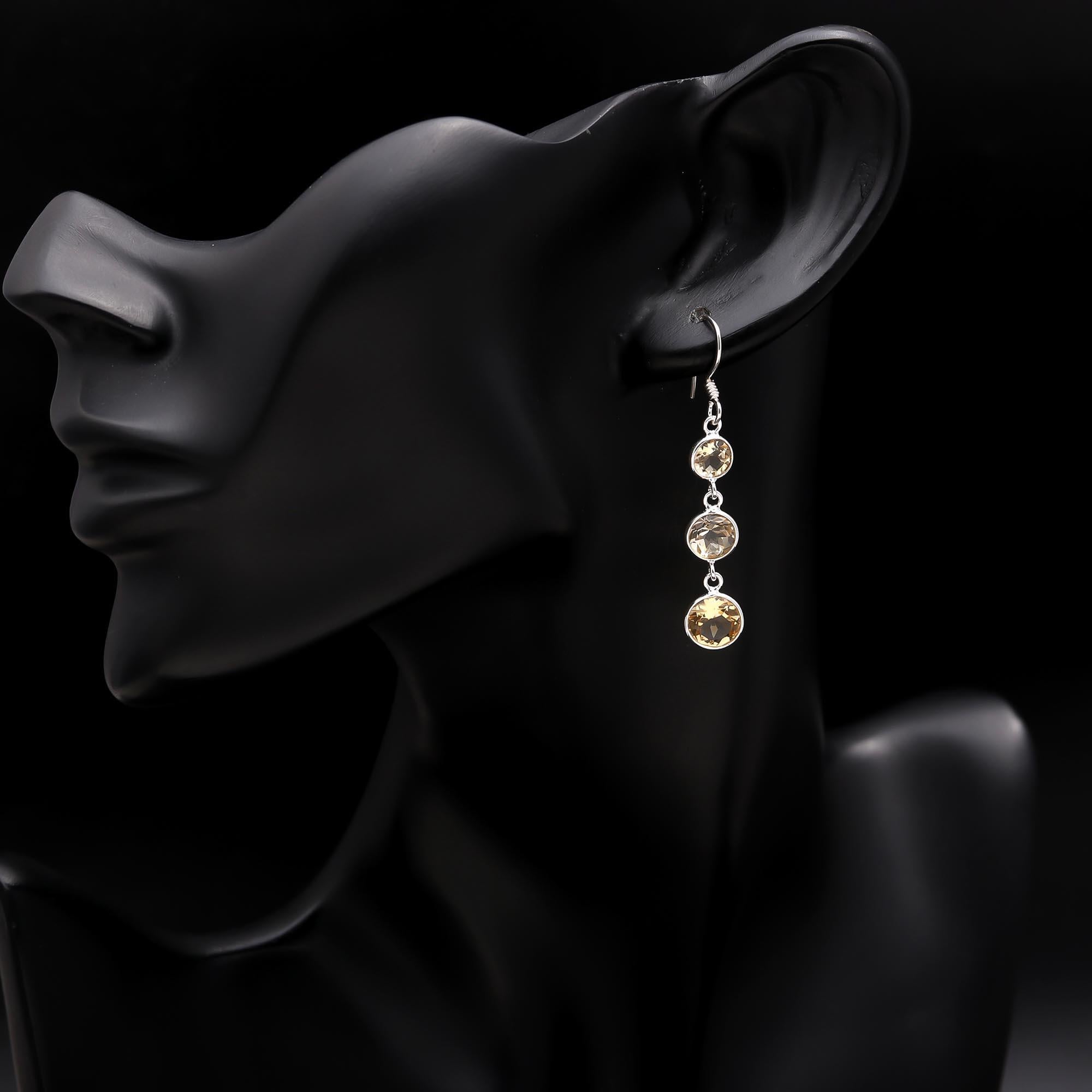 925 Silver Triple Citrine Dangle Earrings