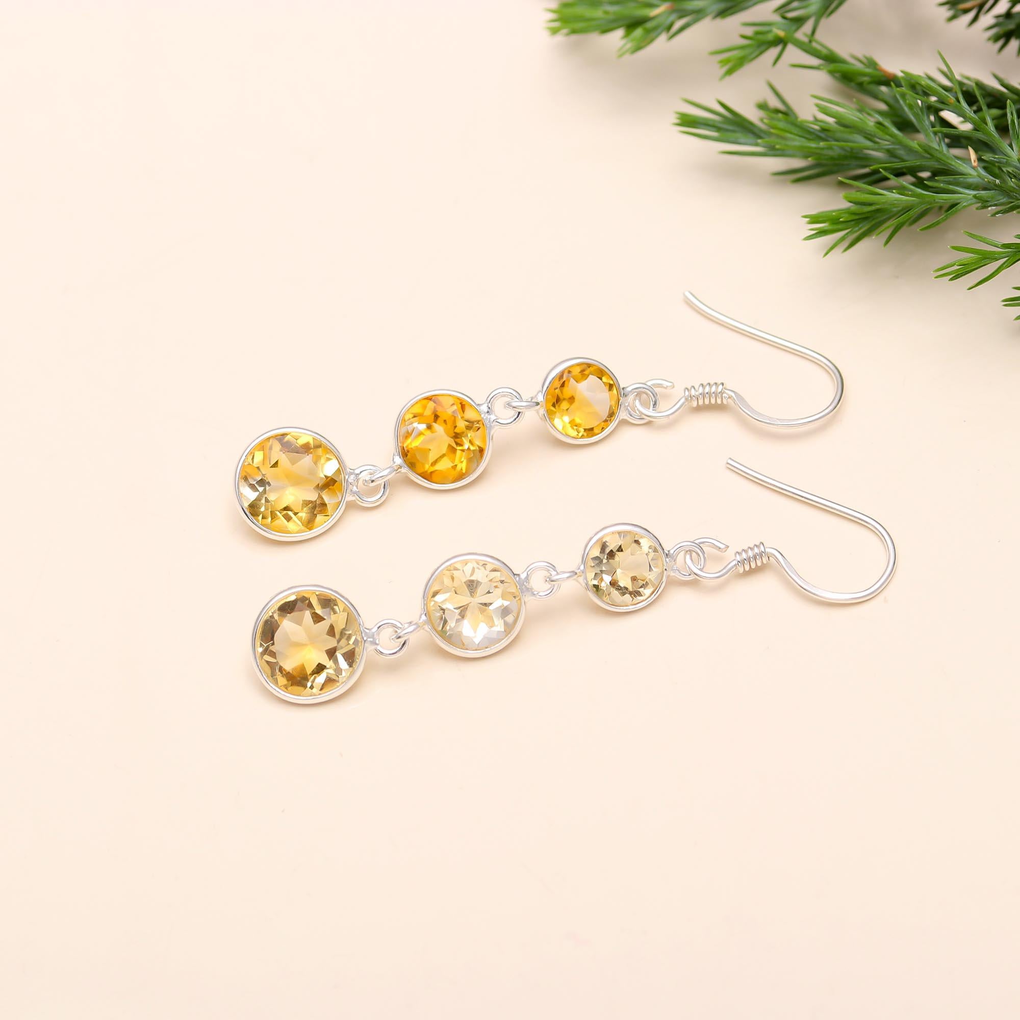 925 Silver Triple Citrine Dangle Earrings