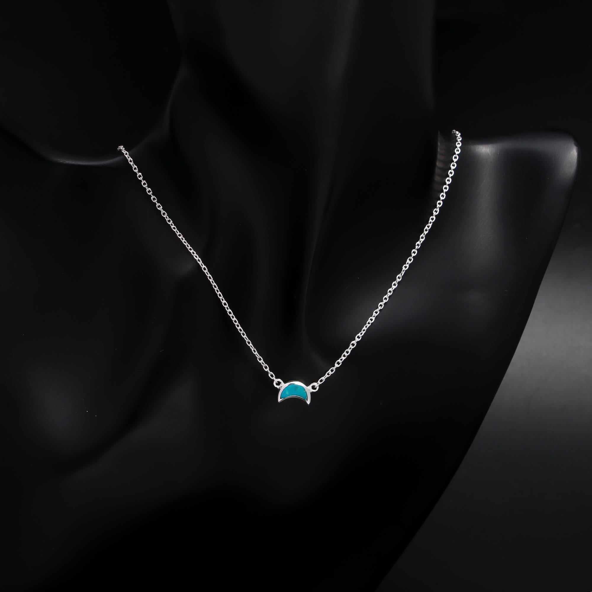 The Turquoise Moon: Dainty Crescent Inlay Silver Necklace