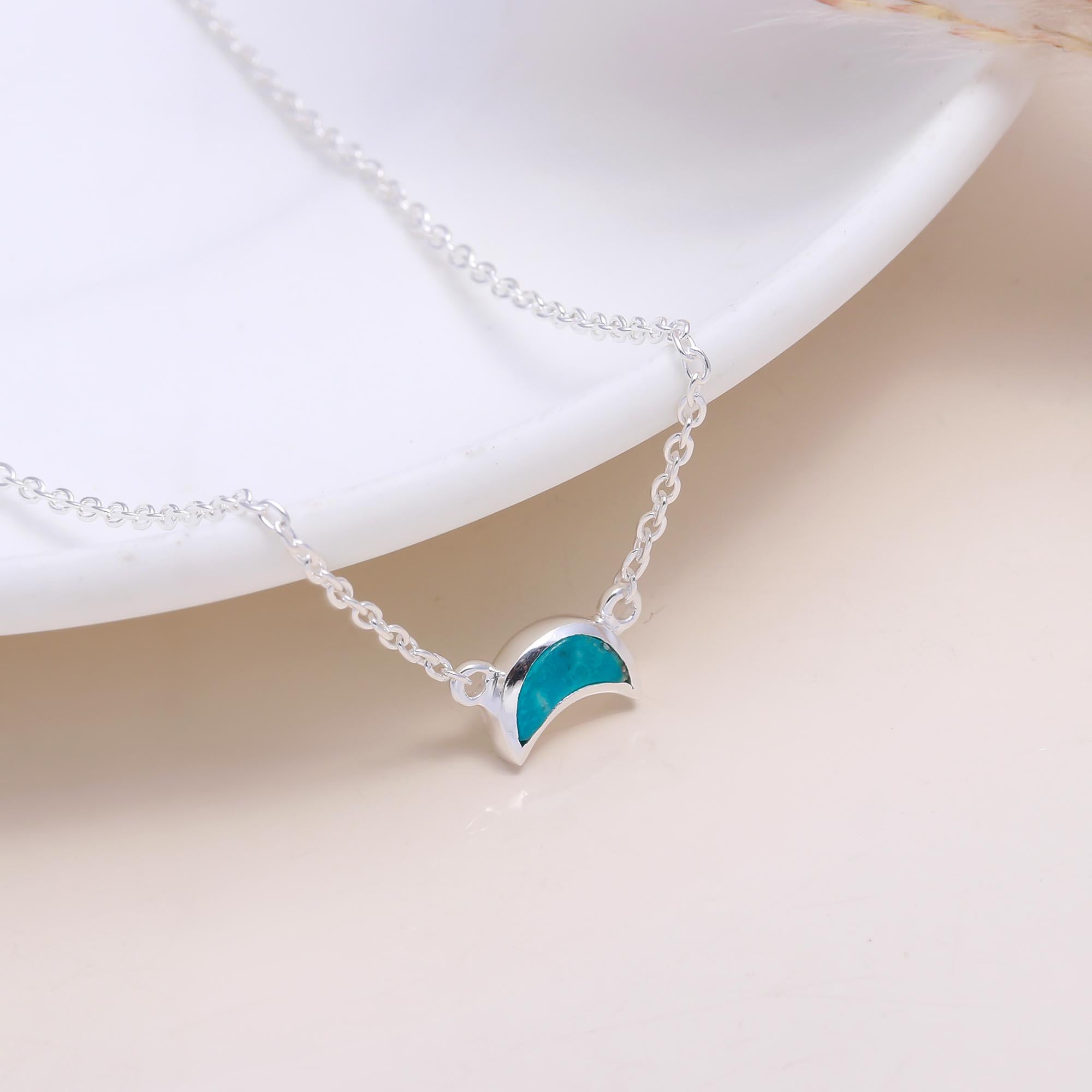 The Turquoise Moon: Dainty Crescent Inlay Silver Necklace