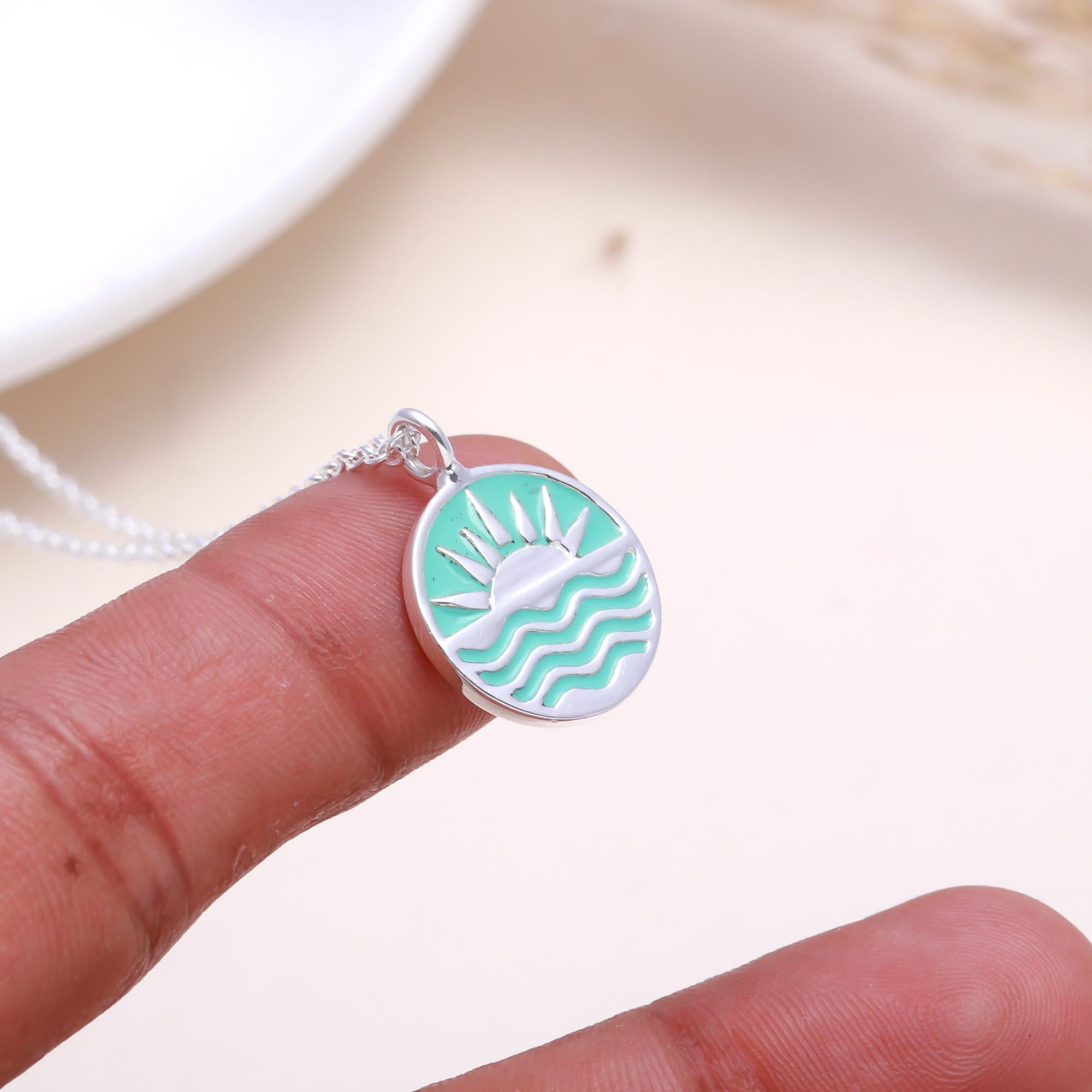 The Teal Sunrise: Enamel Ocean Wave & Sun Pendant