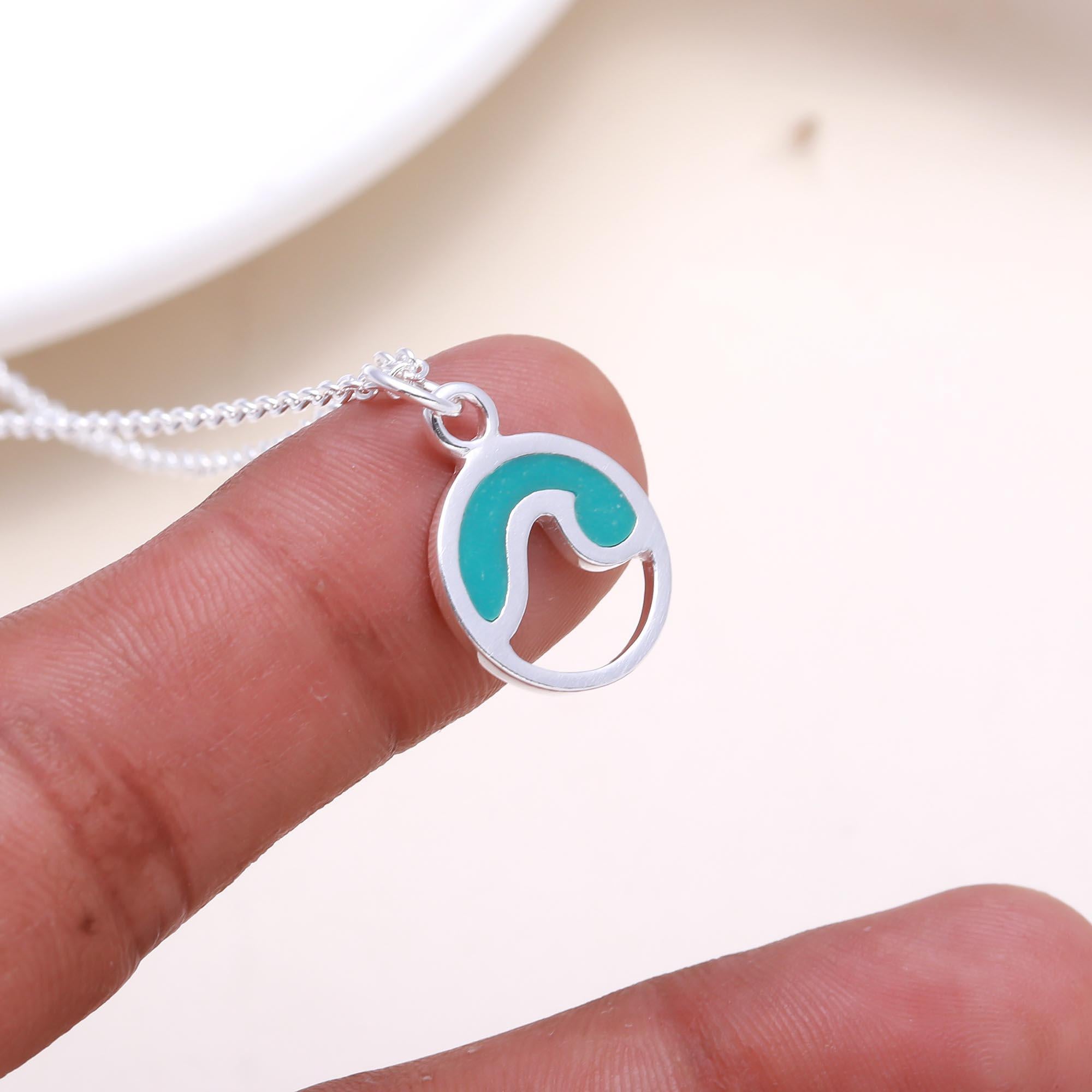 The Turquoise Surf: Circle Wave Inlay Silver Necklace