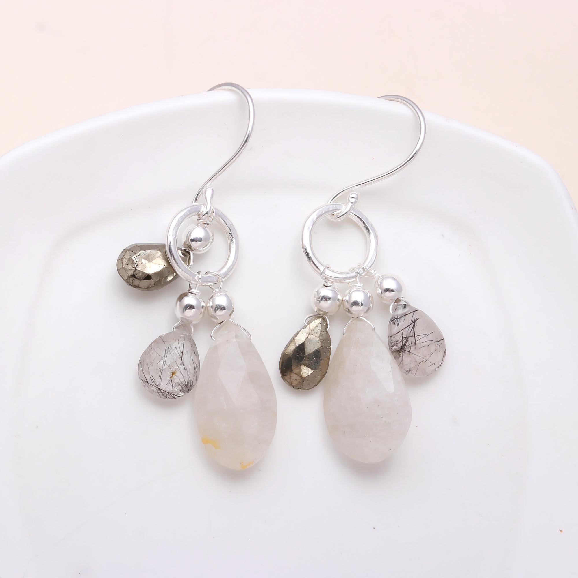 The Monochrome Drop: Tourmalinated Quartz & Pyrite Earrings