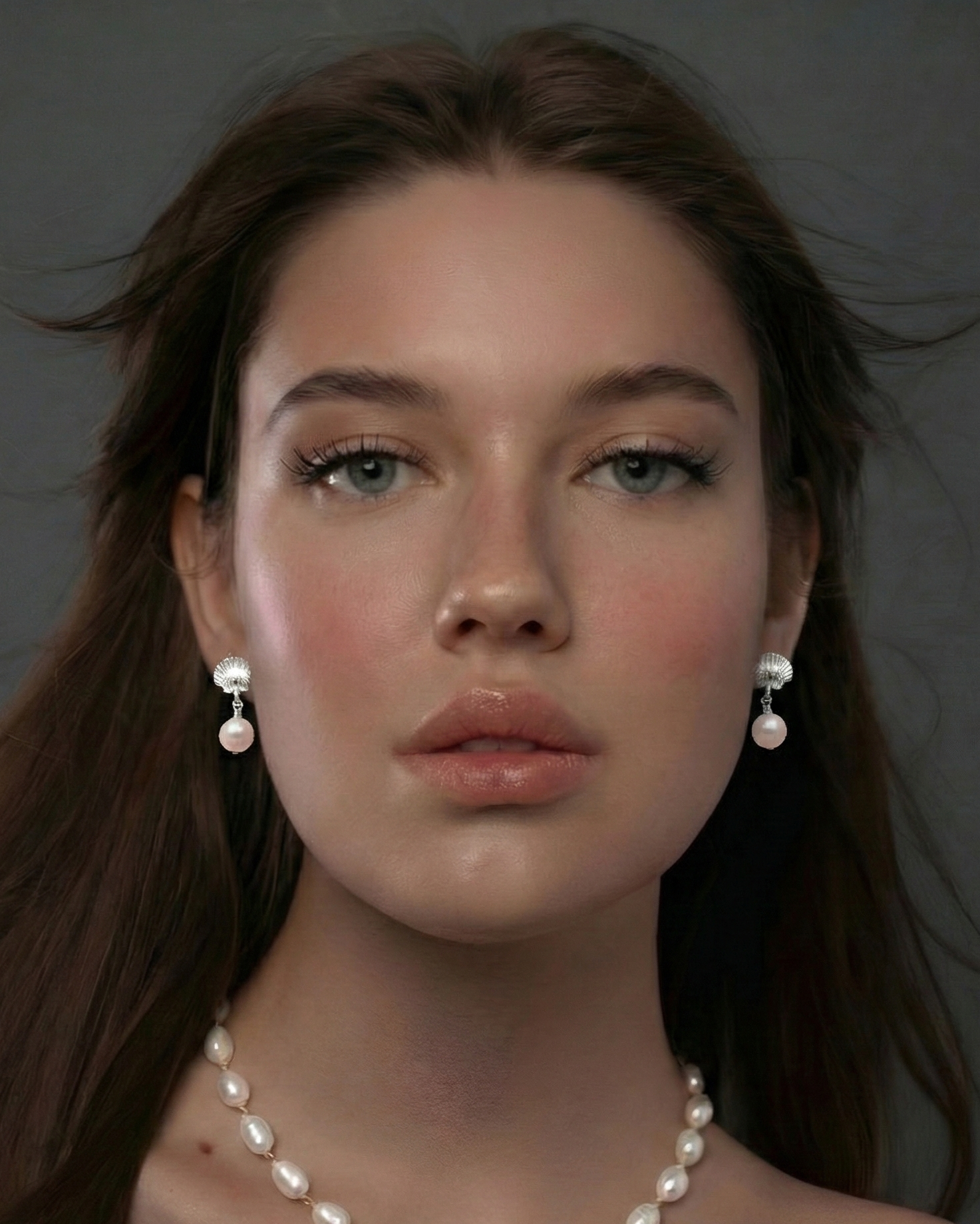 Woman wearing a pearl necklace and earrings against a dark background