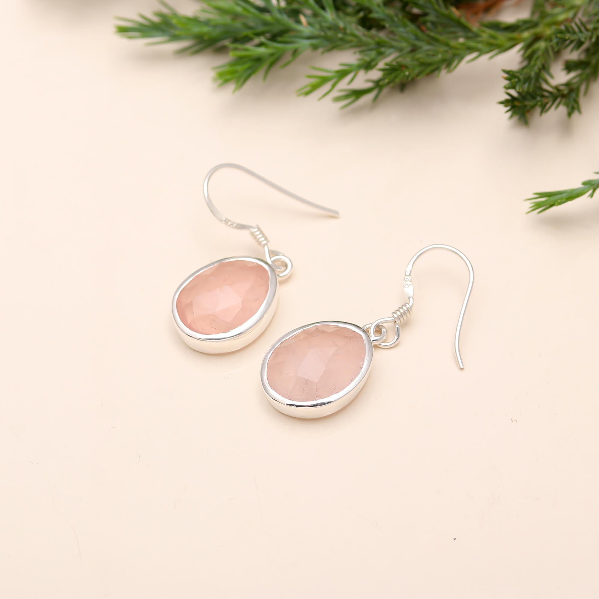 925 Silver Rose Quartz Dangle Earrings