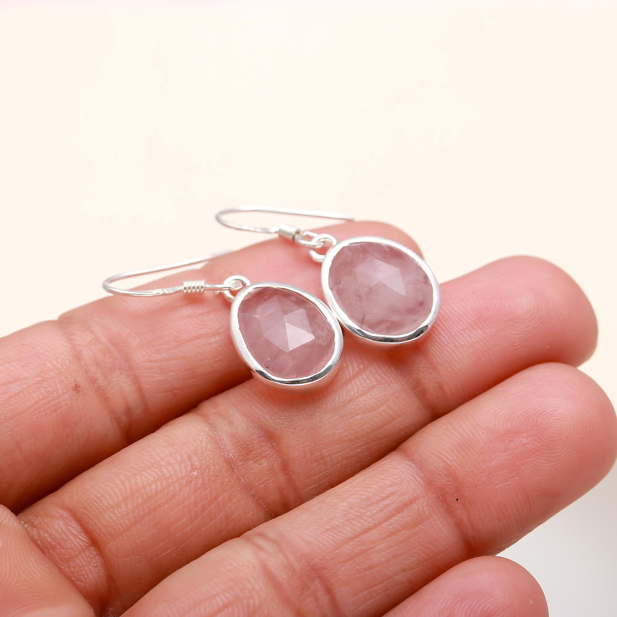 925 Sterling Silver Rose Quartz Dangle Earrings