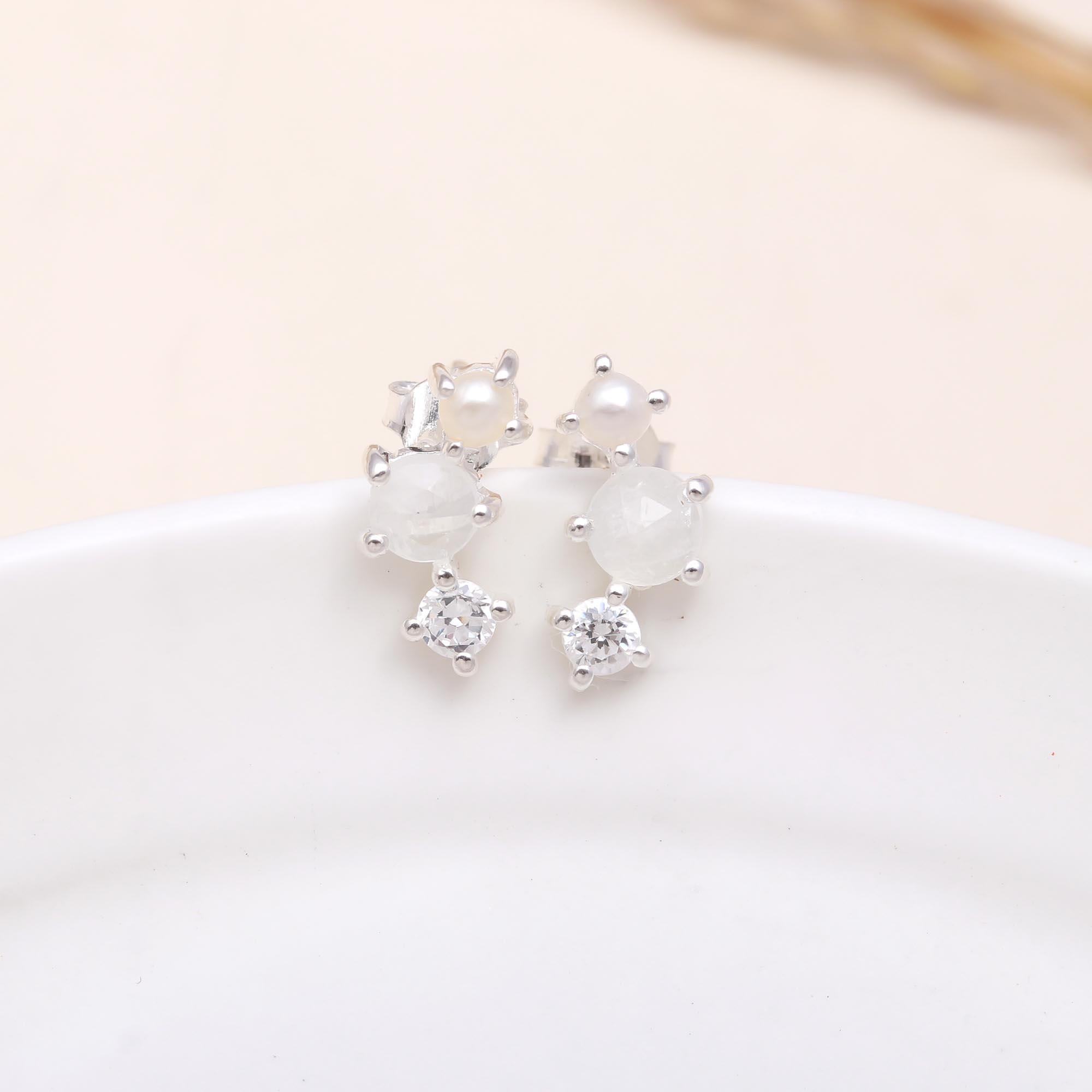 925 Sterling Silver Moonstone, Pearl & CZ Cluster Earrings