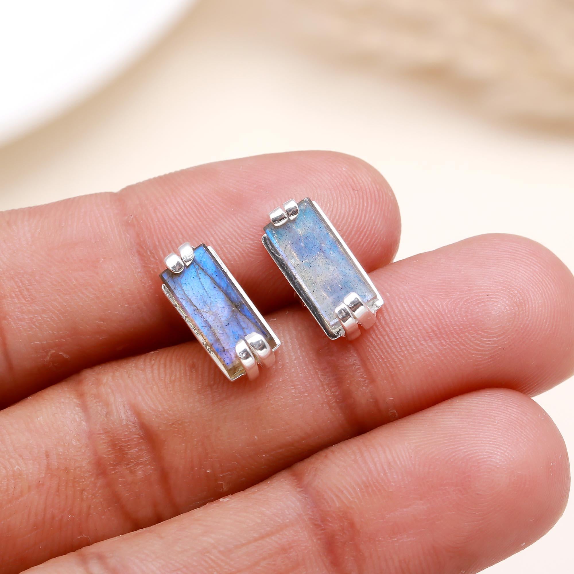 925 Sterling Silver Labradorite Bar Stud Earrings