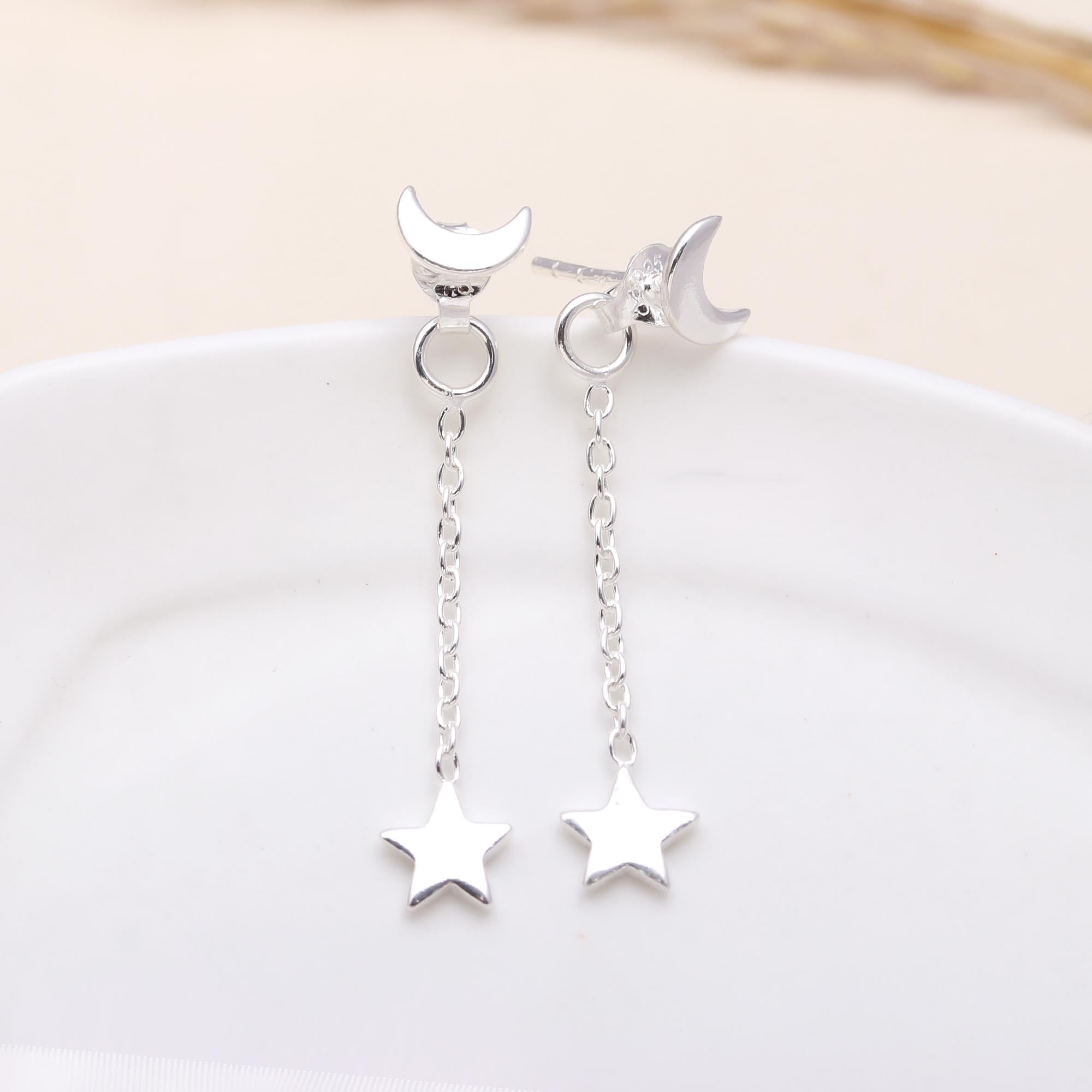 925 Sterling Silver Moon and Star Dangle Earrings