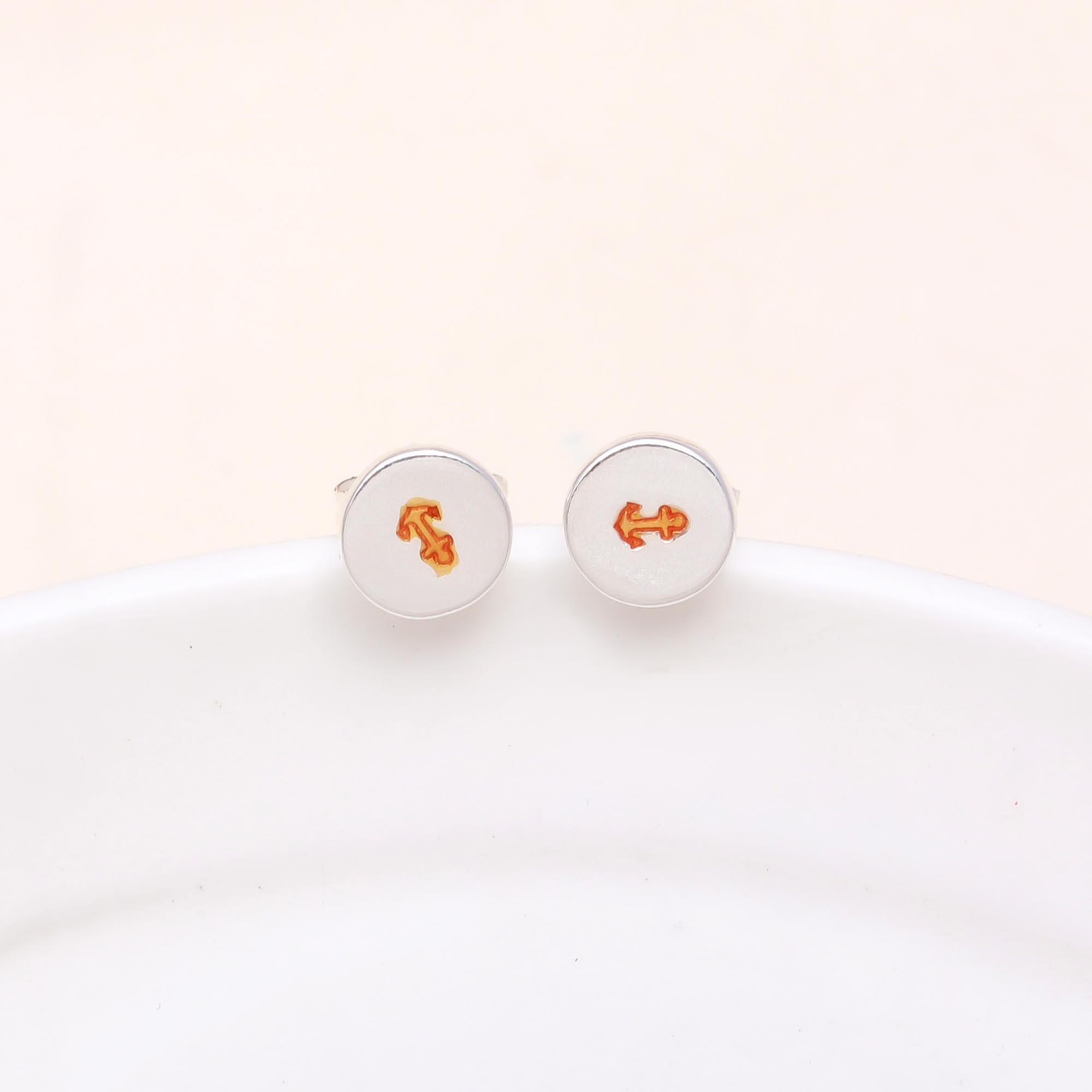 925 Sterling Silver Anchor Enamel Round Stud Earrings