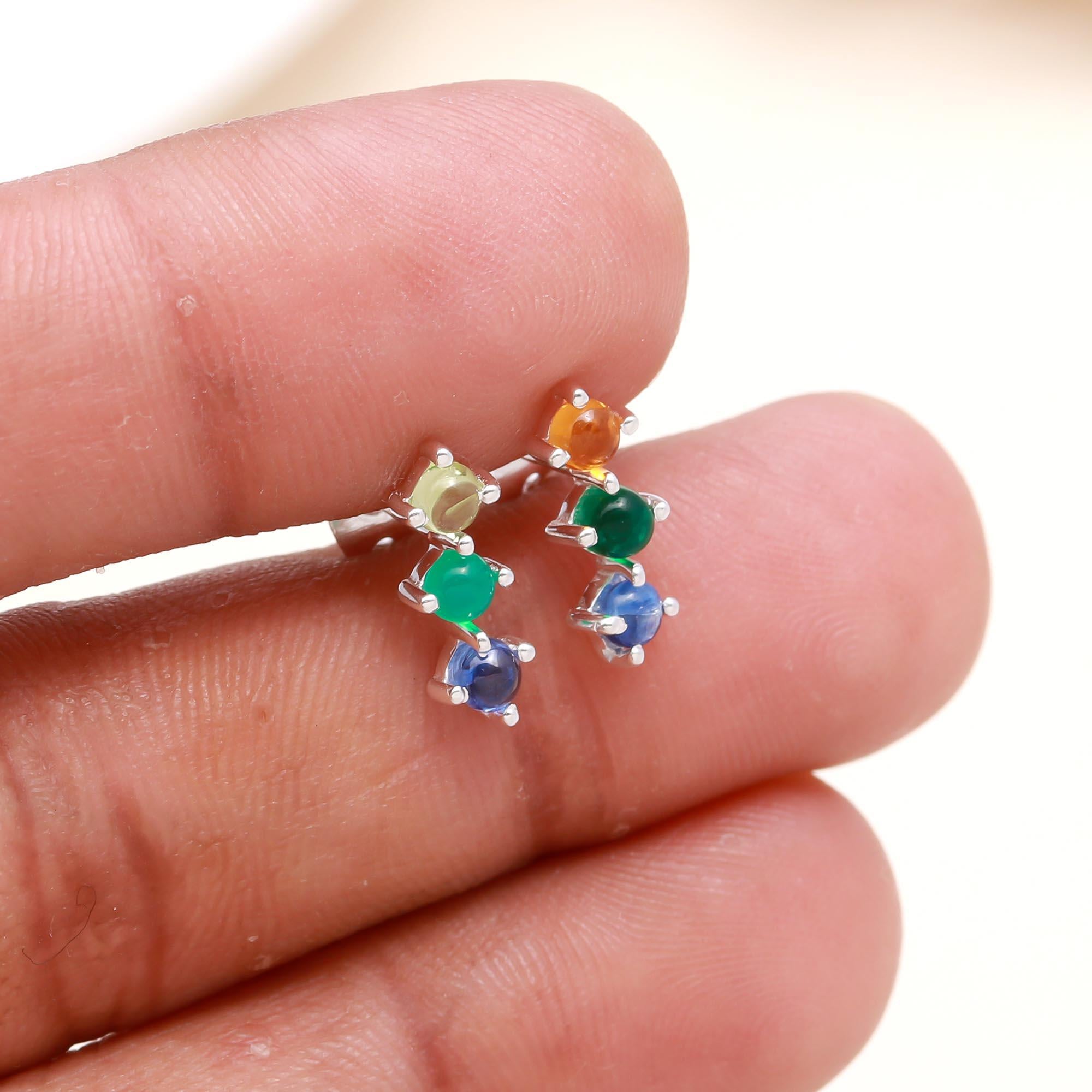 925 Sterling Silver Multicolor Gemstone Stud Earrings
