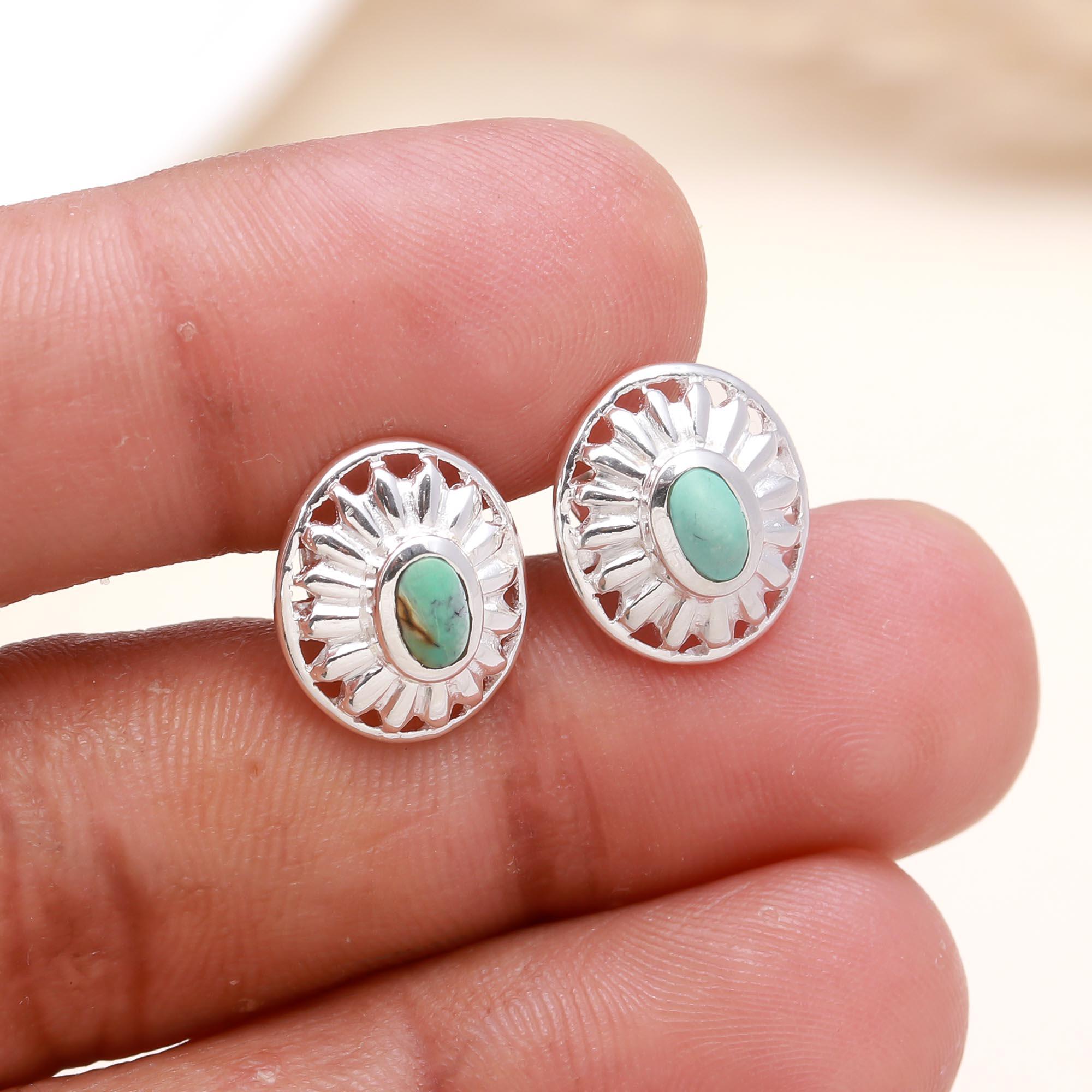 925 Sterling Silver Turquoise Sunburst Stud Earrings