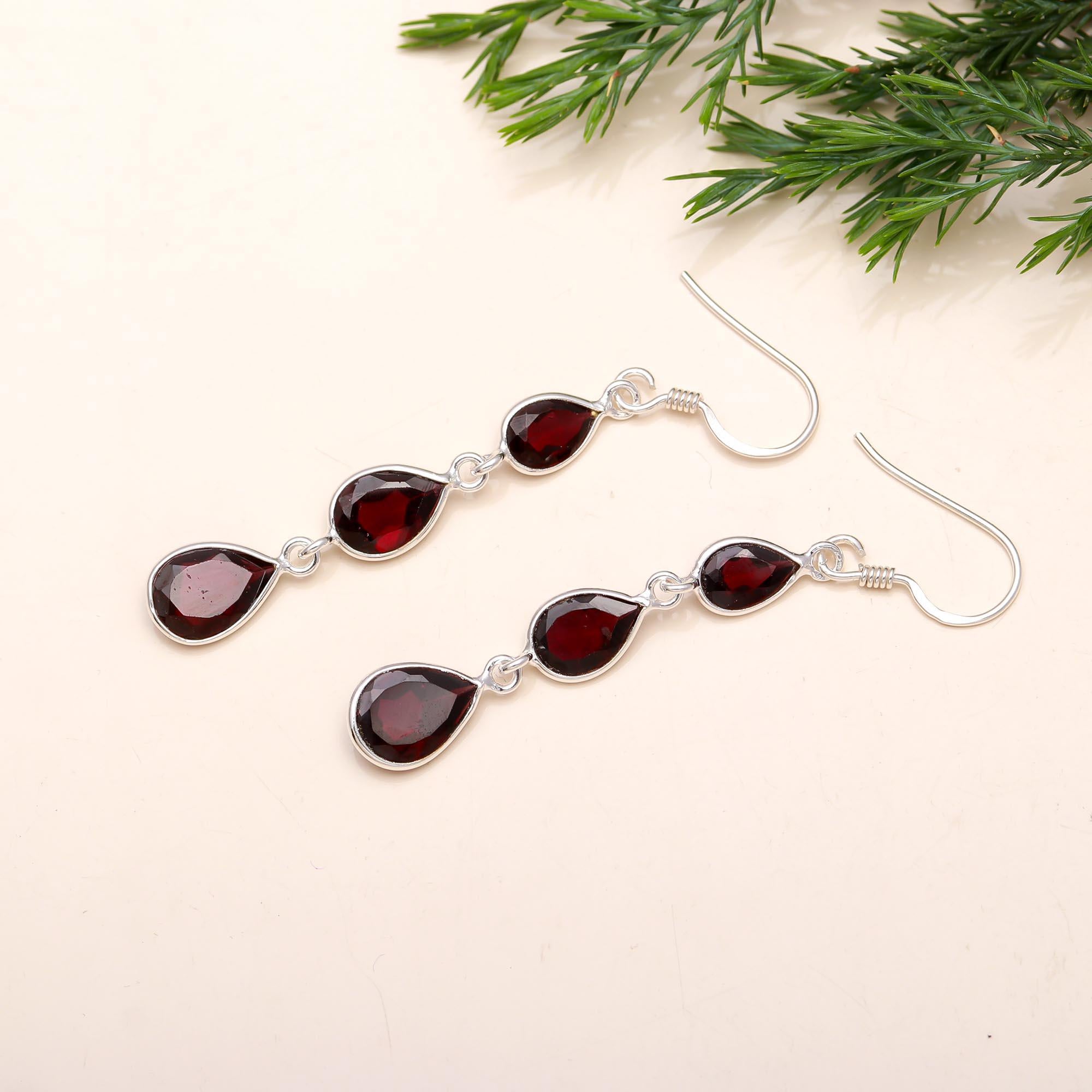 925 Silver Triple Garnet Dangle Earrings