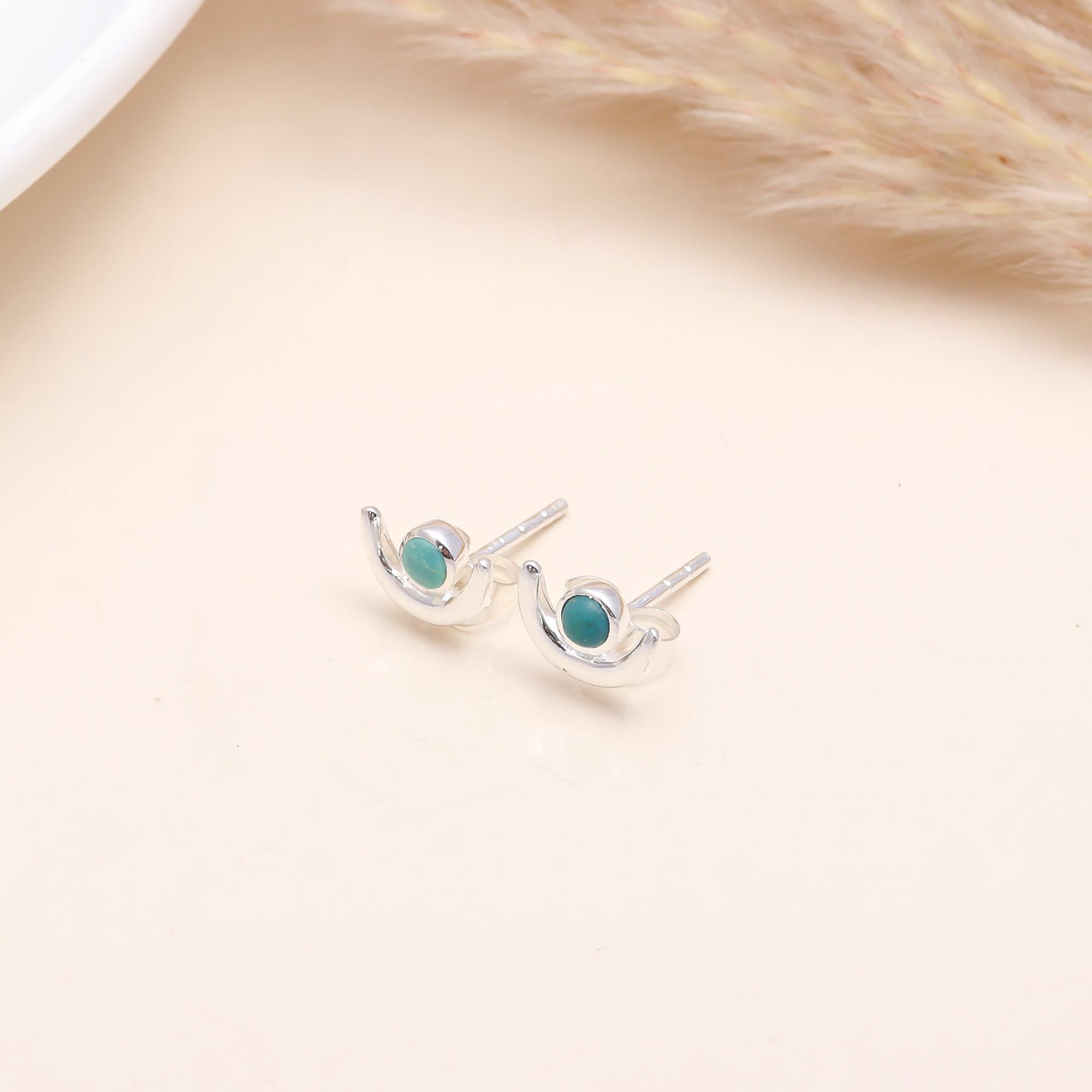 925 Sterling Silver Crescent Moon Turquoise Stud Earrings