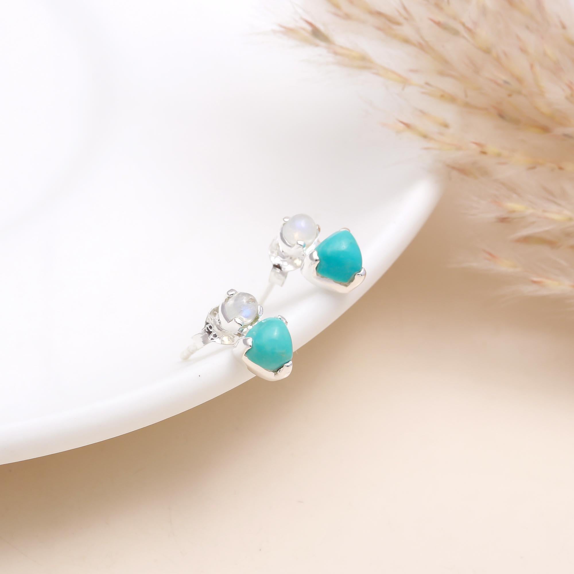925 Sterling Silver Moonstone & Turquoise Stud Earrings