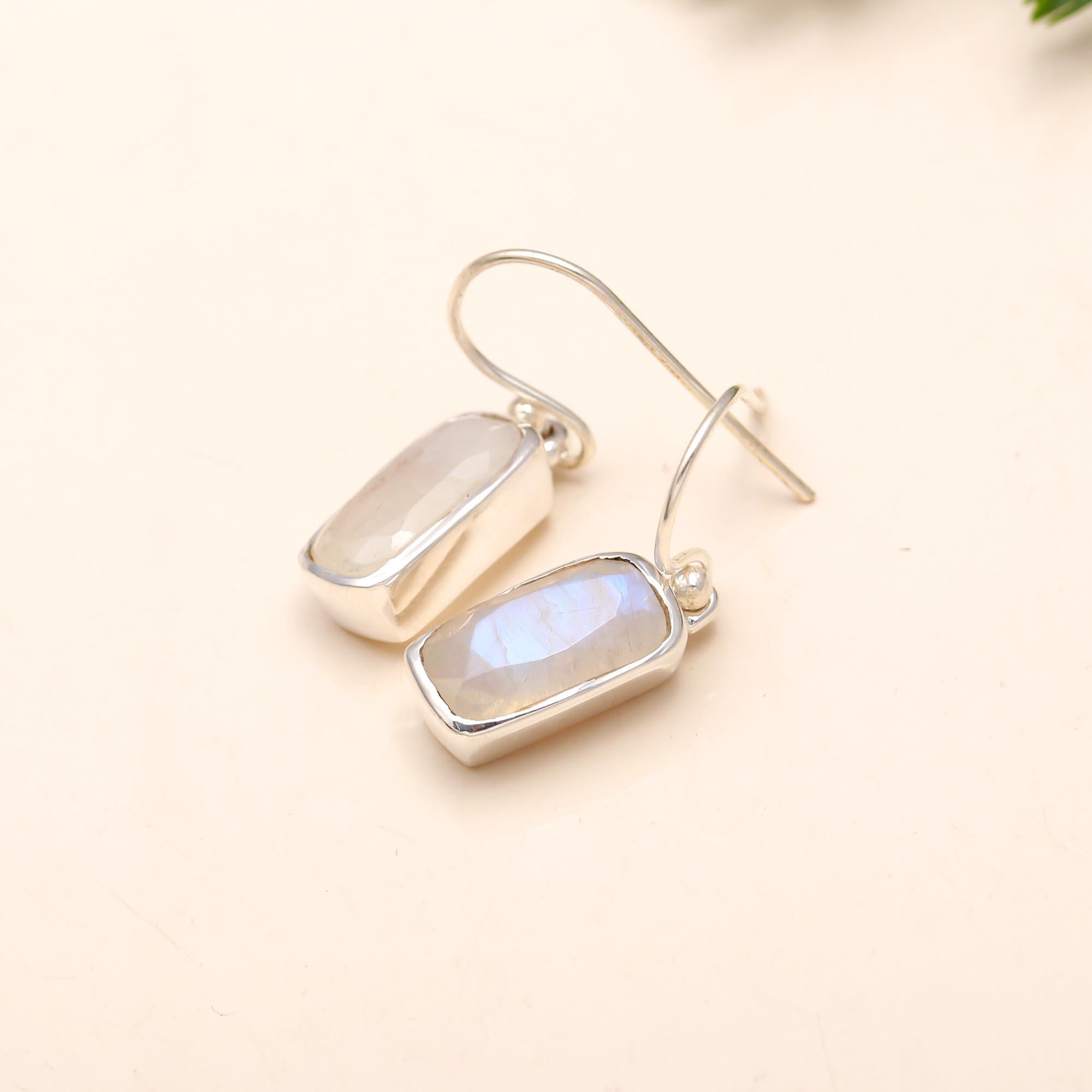 Solid Silver Rainbow Moonstone Dangle Earrings