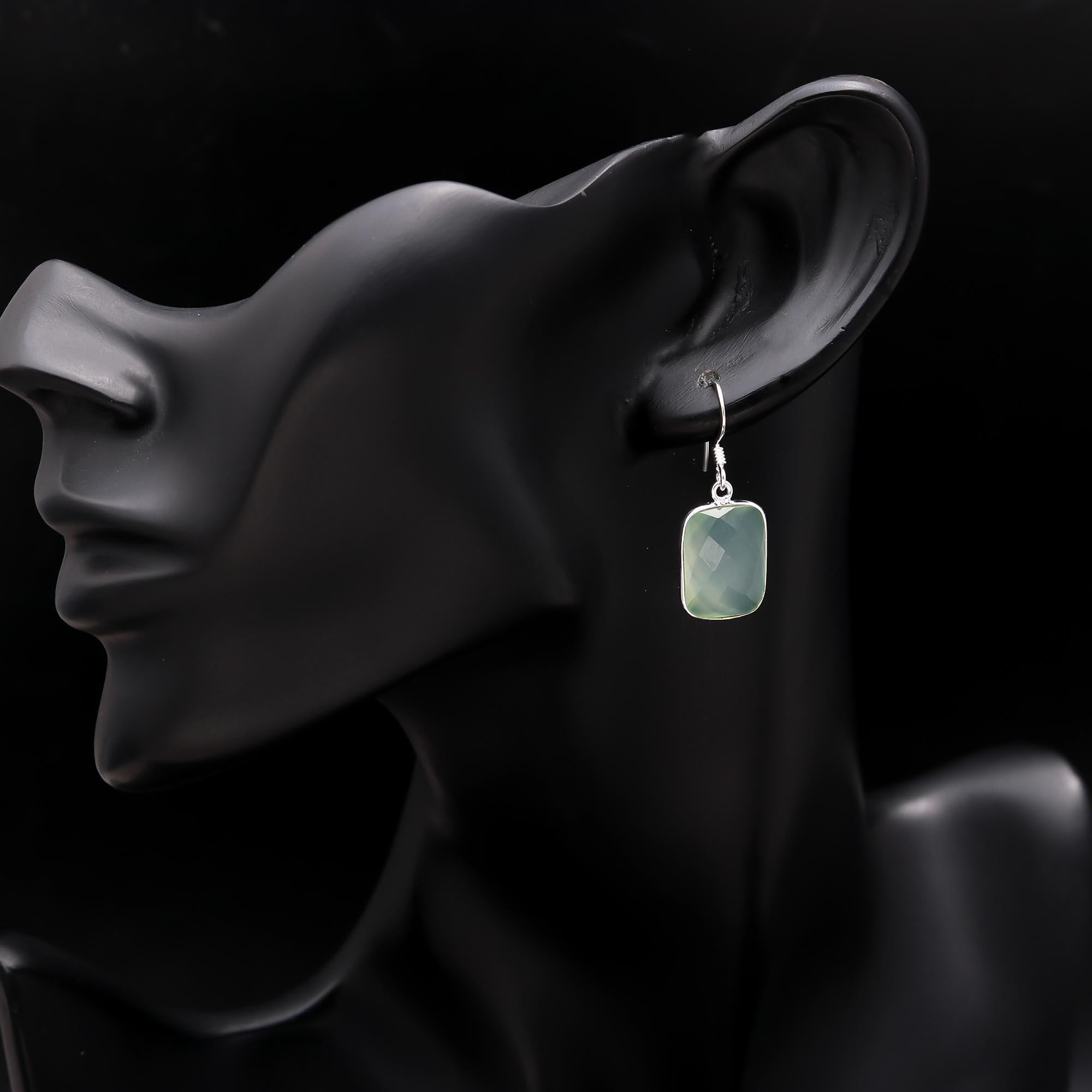 925 Sterling Silver Prehnite Bezel Dangle Earrings