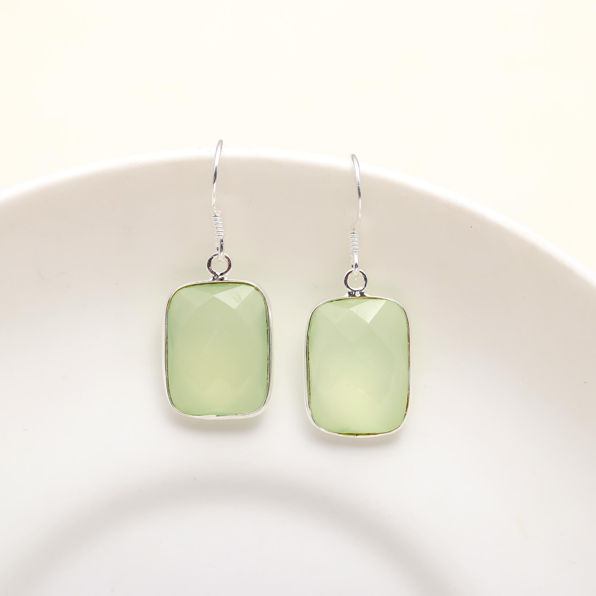 925 Sterling Silver Prehnite Bezel Dangle Earrings