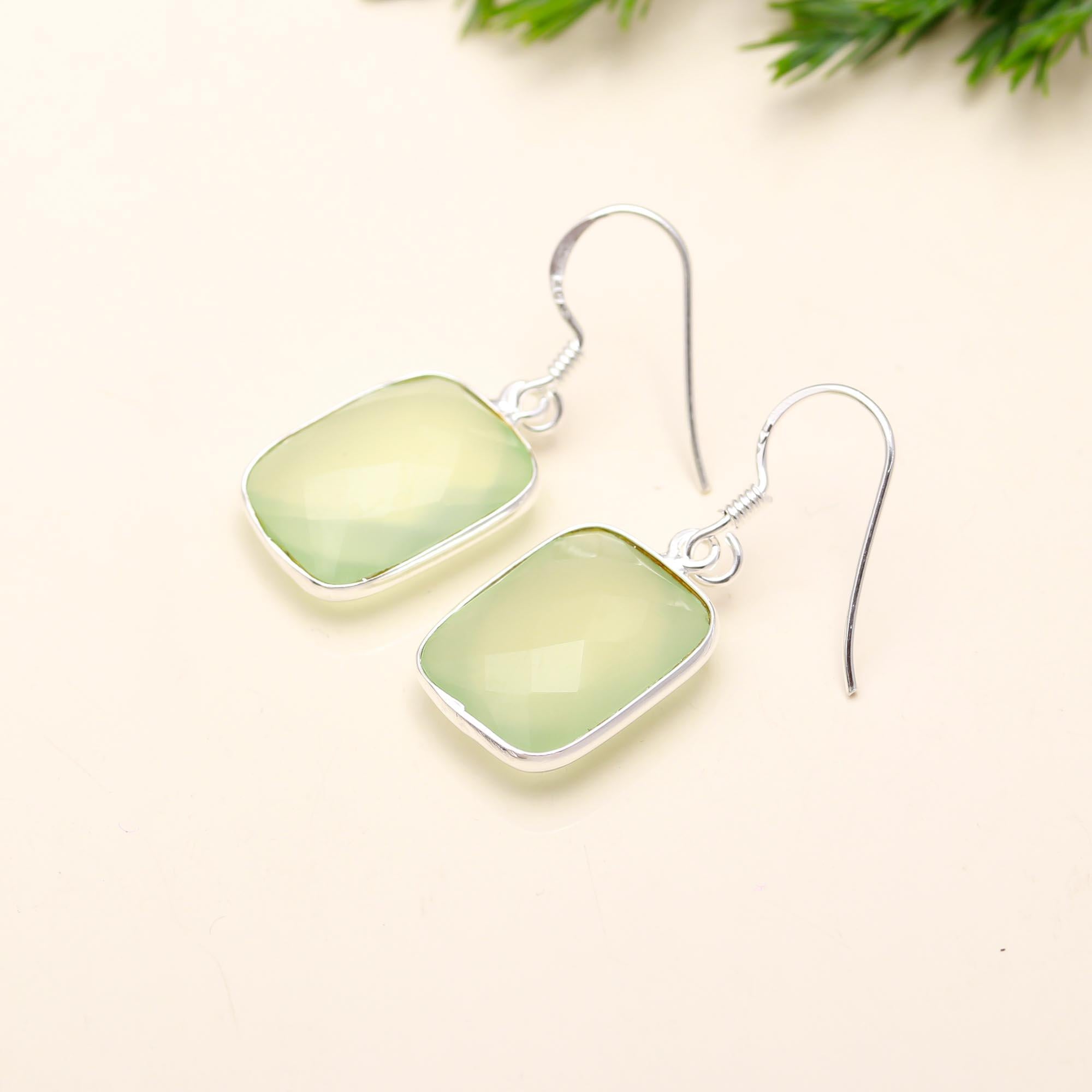 925 Silver Green Chalcedony Dangle Earrings