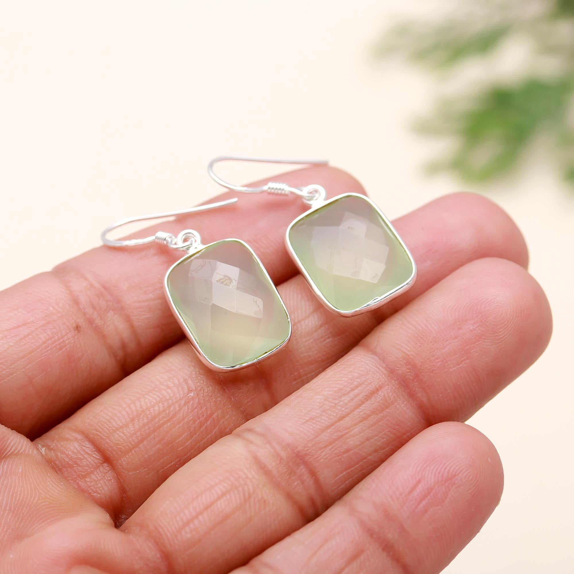 925 Sterling Silver Prehnite Bezel Dangle Earrings