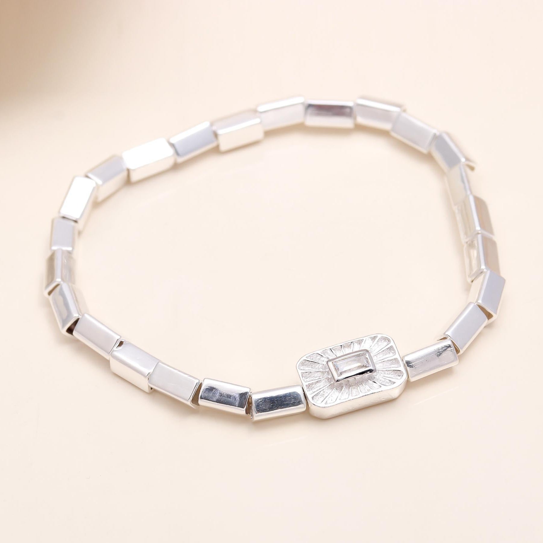 925 Sterling Silver Sunburst Baguette-Cut Stretch Bracelet