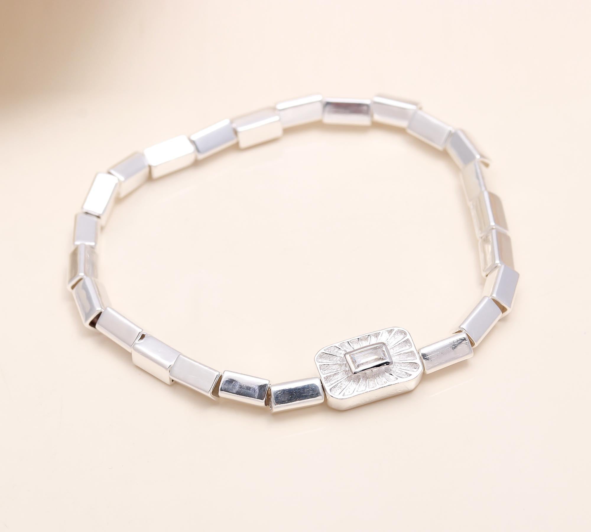 925 Sterling Silver Sunburst Baguette-Cut Stretch Bracelet