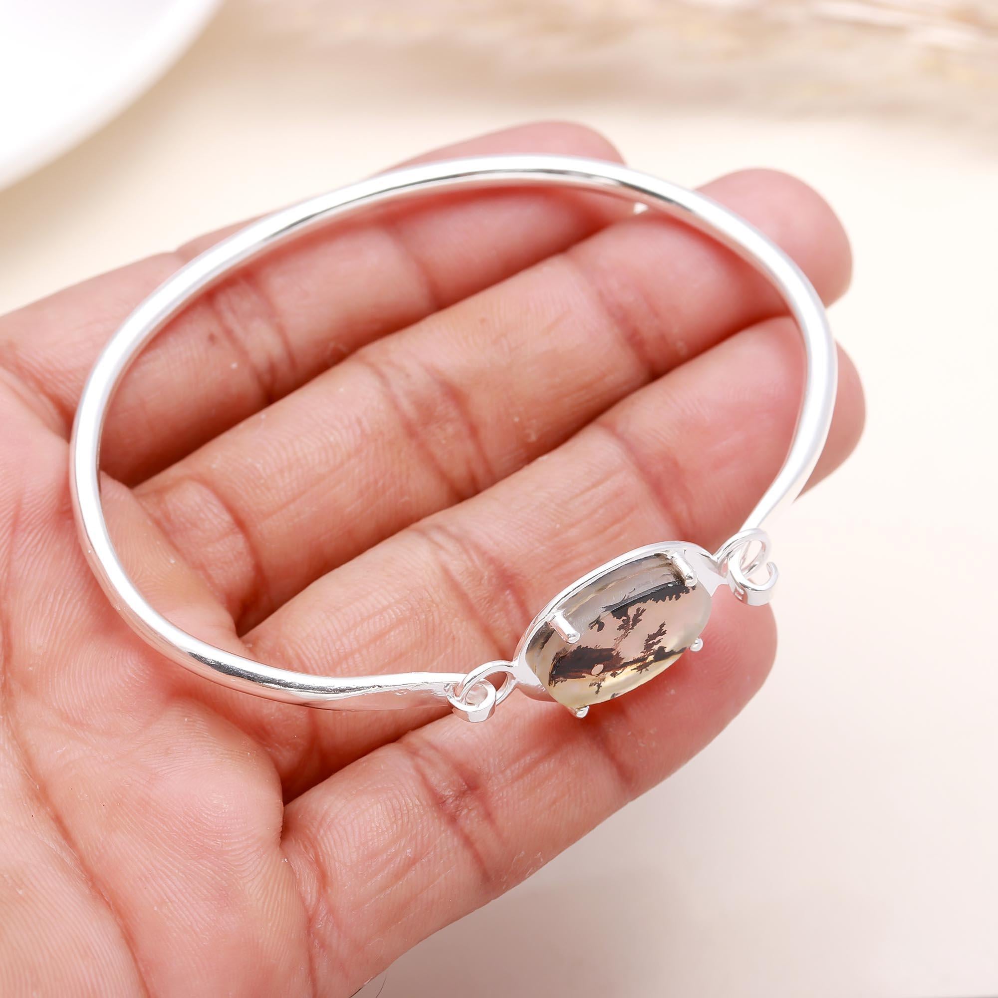 925 Sterling Silver Dendritic Agate Bangle Bracelet