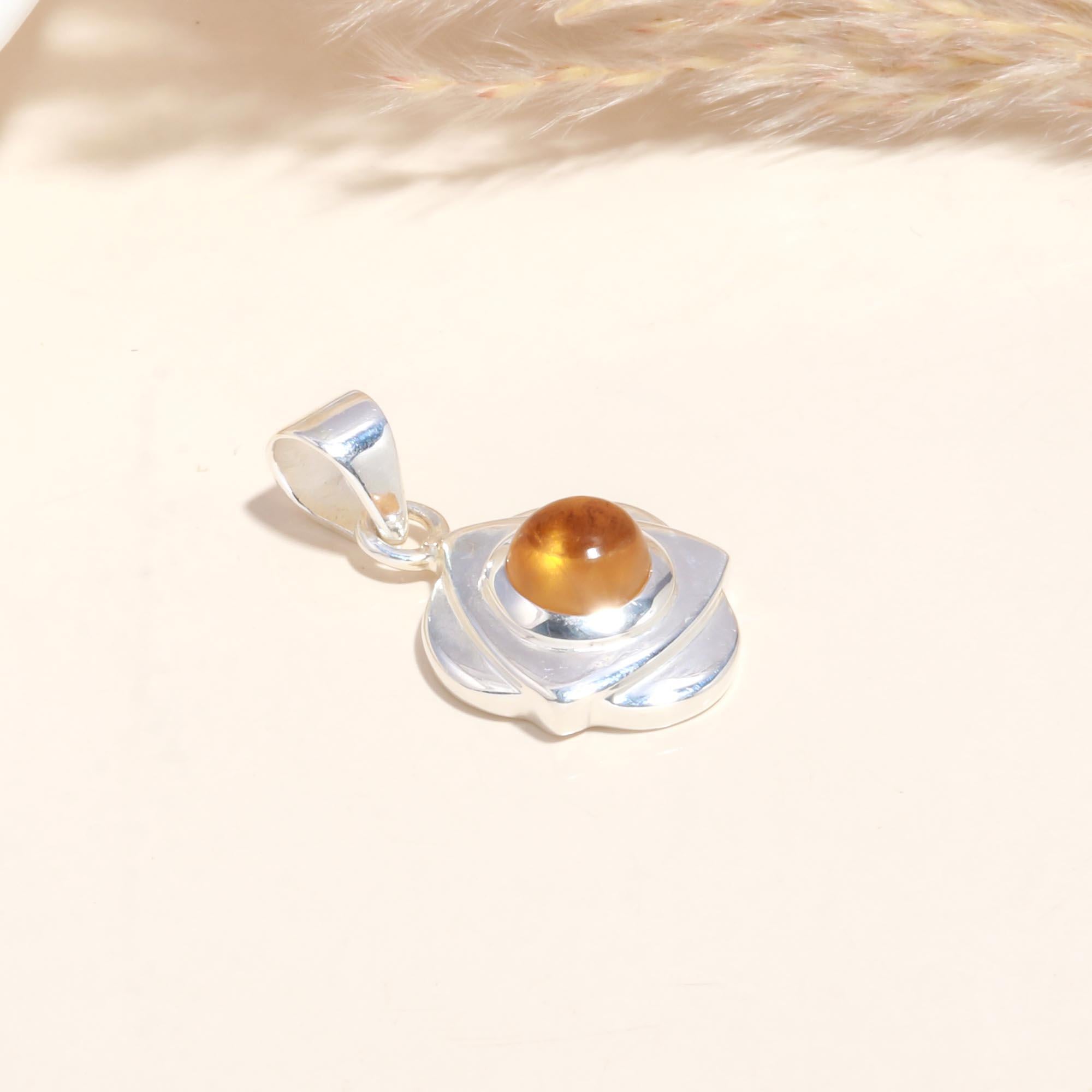 925 Sterling Silver Floral Citrine Cabochon Pendant