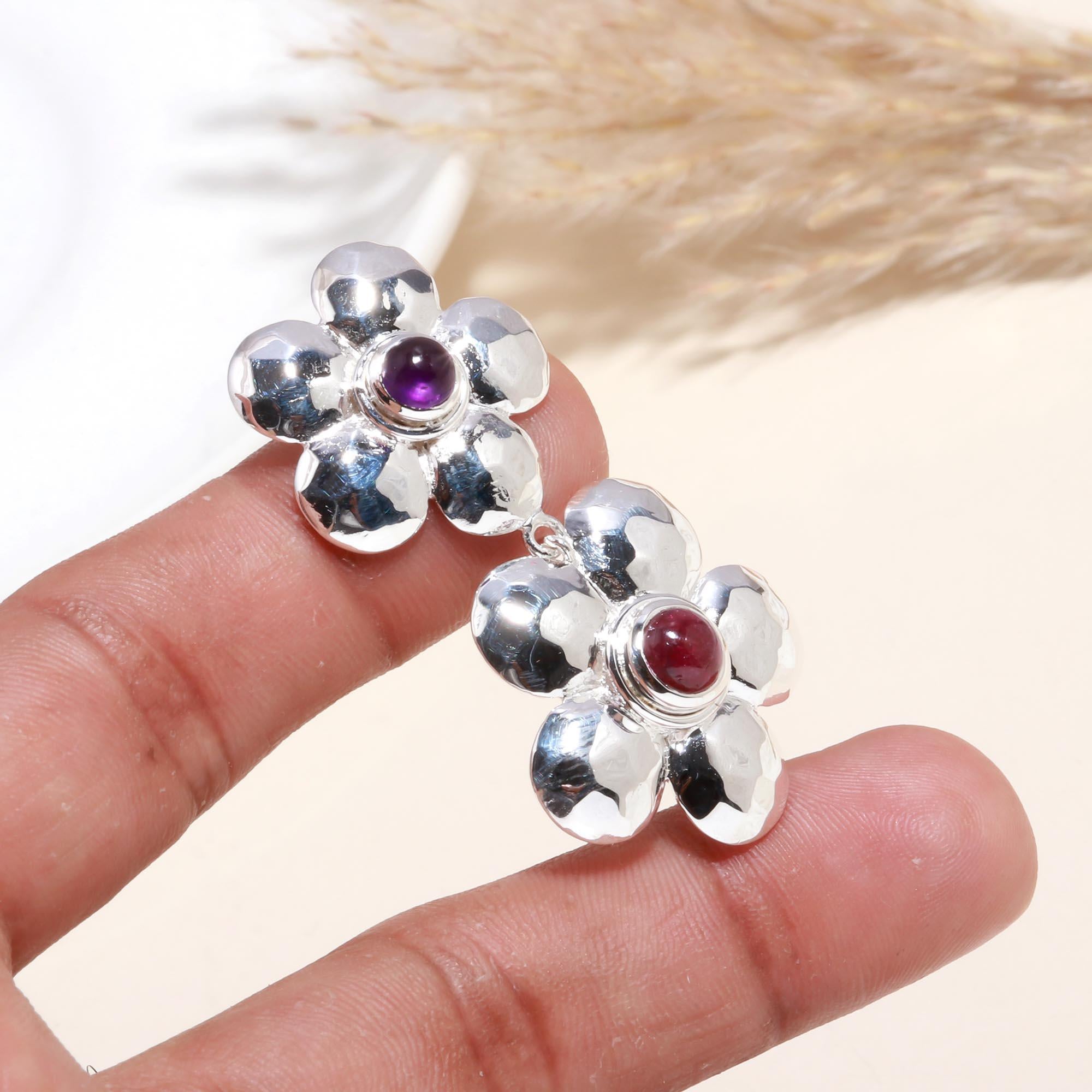 925 Sterling Silver Garnet Cabochons Twin Floral Pendant