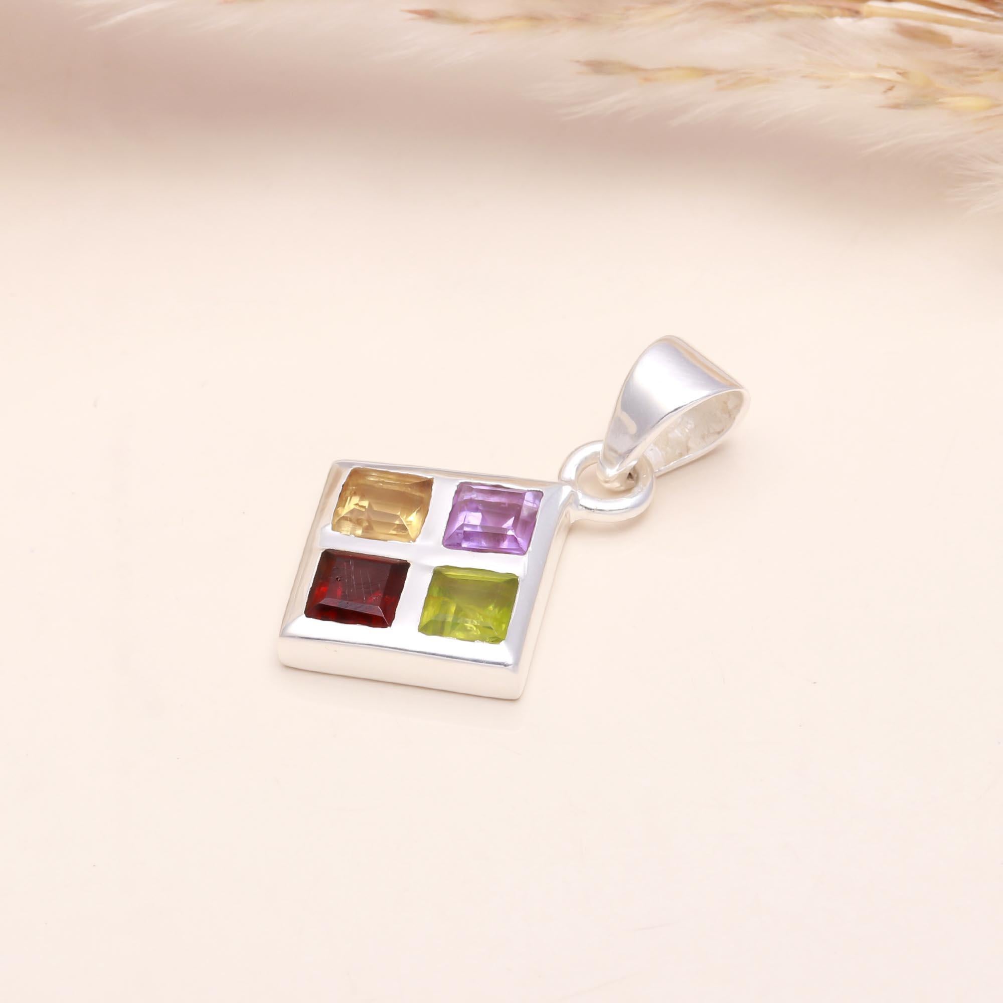 925 Sterling Silver Multi-Gemstone Square Pendant