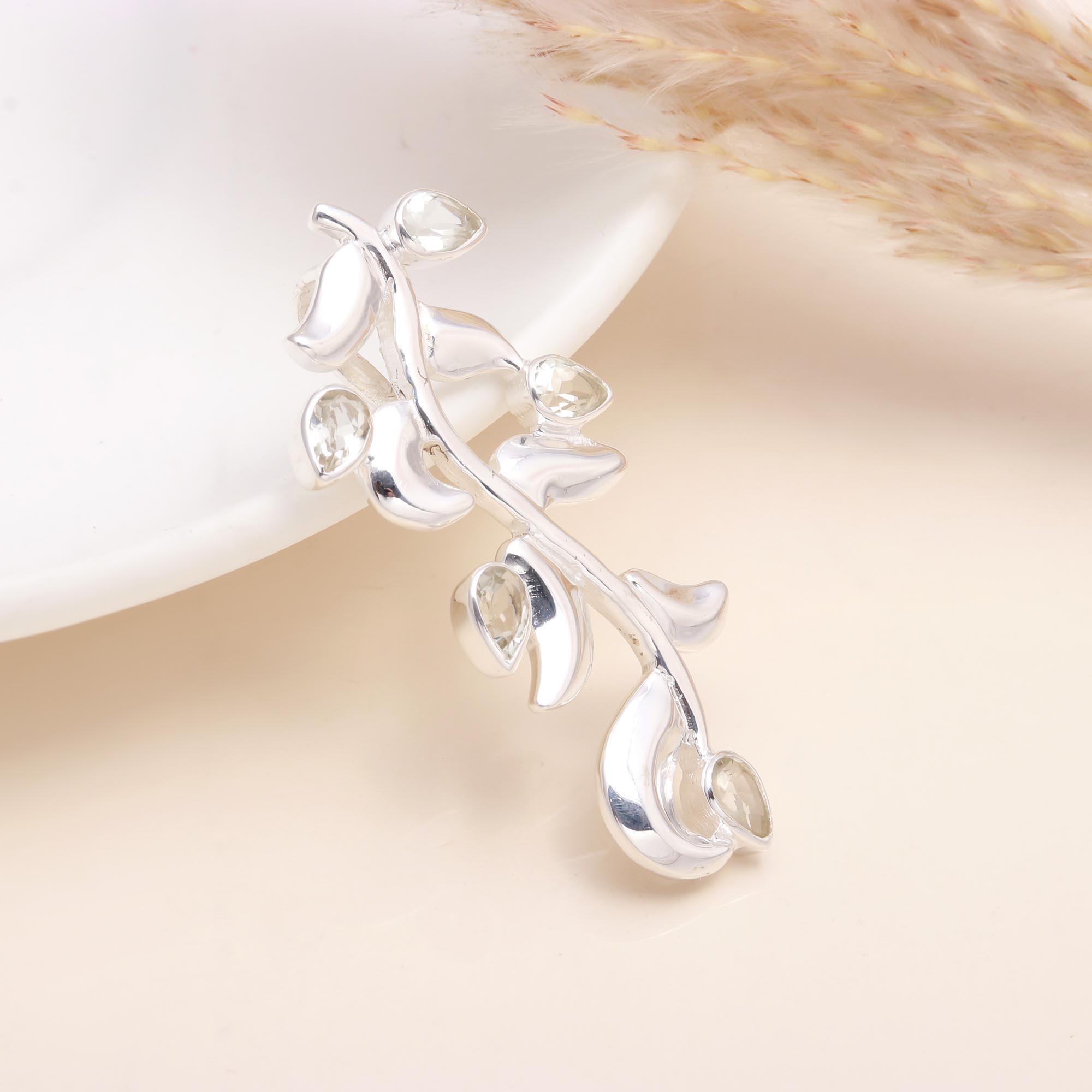 925 Sterling Silver Clear Quartz Leaf Pendant