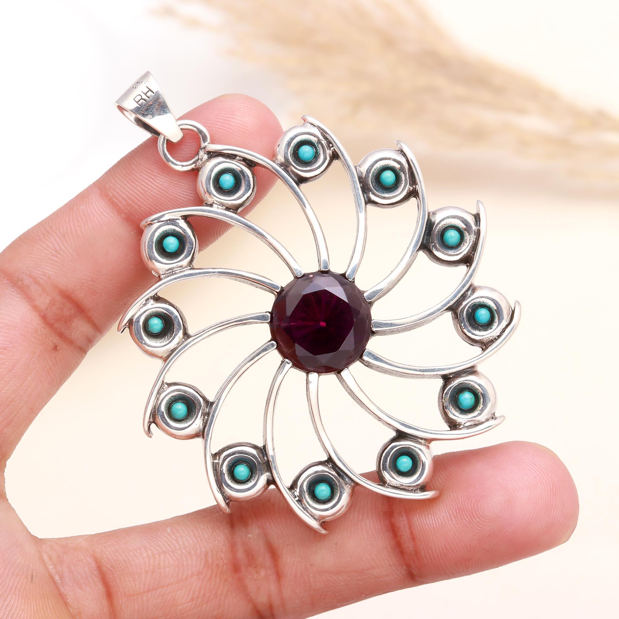 925 Sterling Silver Vintage Garnet & Turquoise Boho Statement Pendant