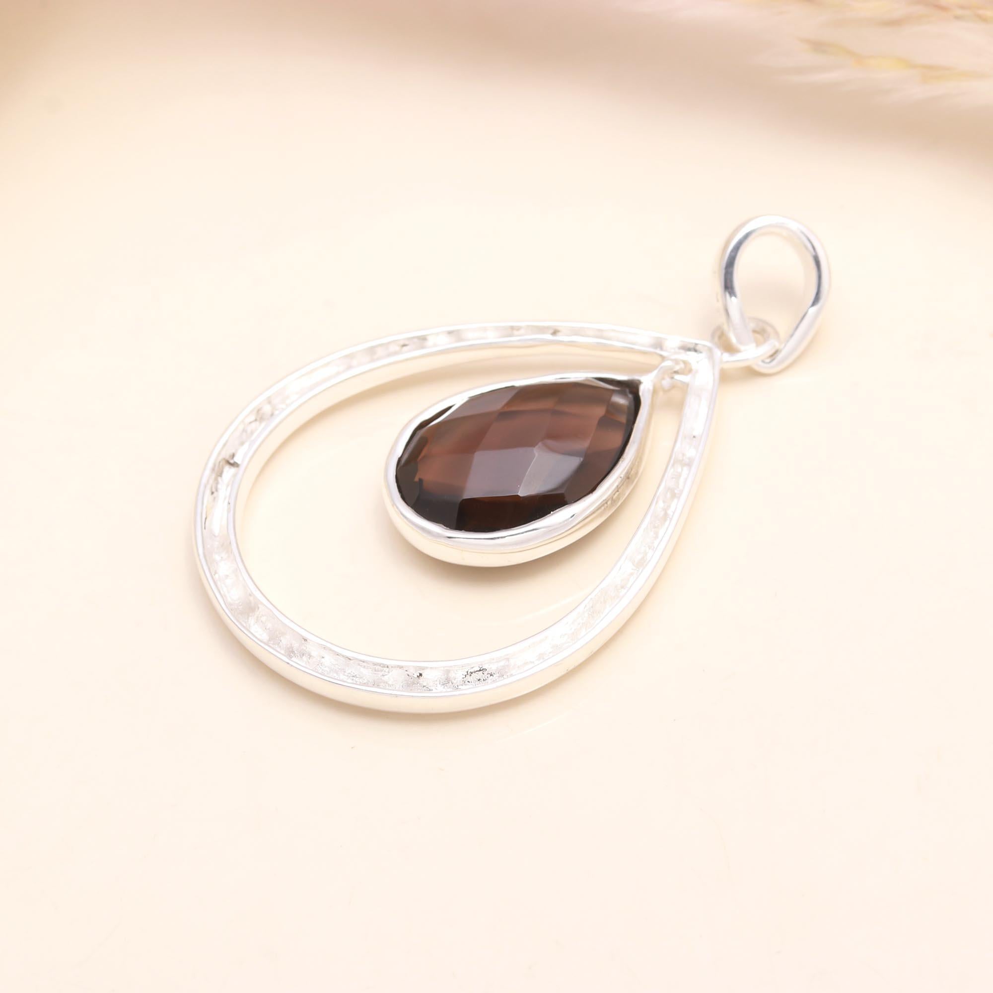 925 Sterling Silver Smoky Quartz Teardrop Hammered Frame Pendant