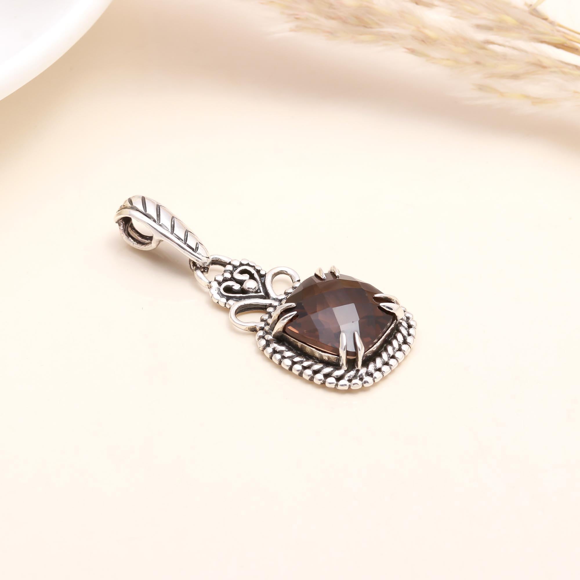 925 Sterling Silver Vintage Smoky Quartz Boho Pendant