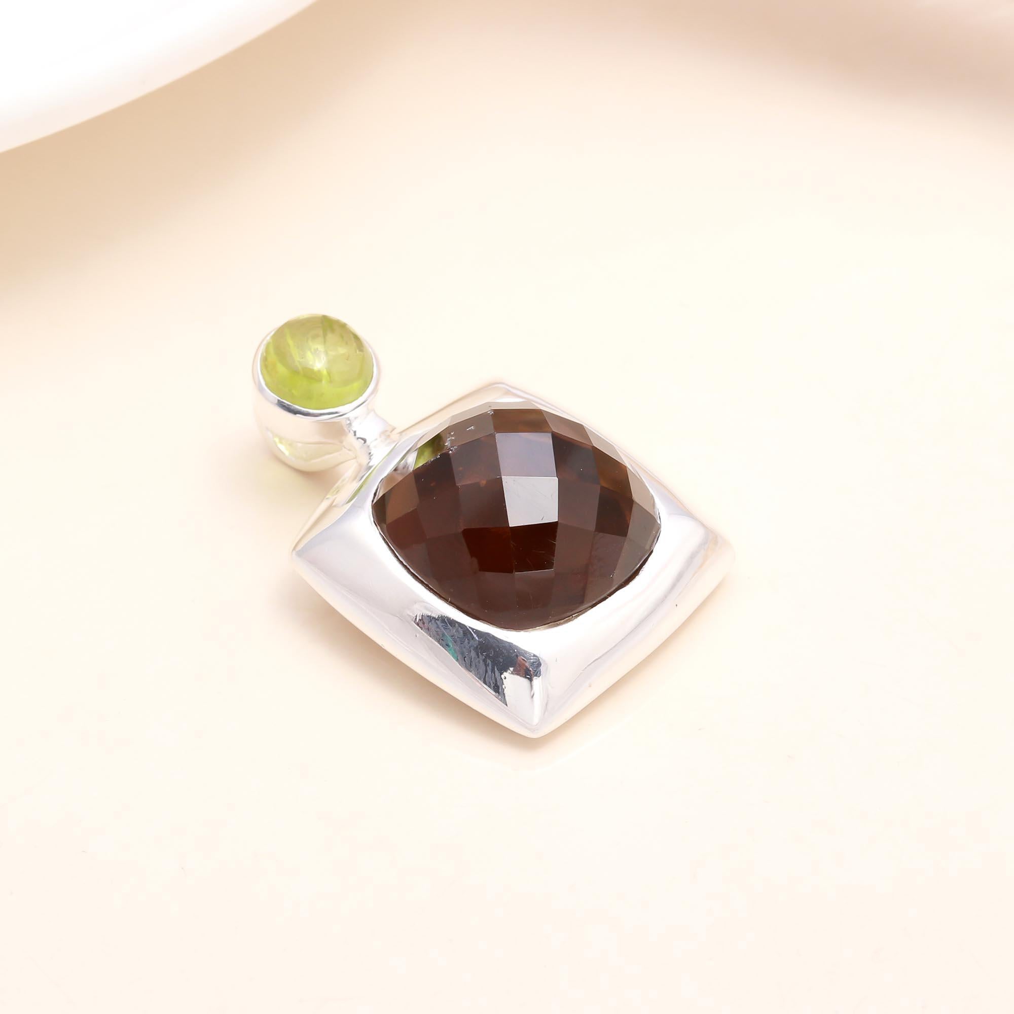 925 Sterling Silver Smoky Quartz & Peridot Statement Pendant