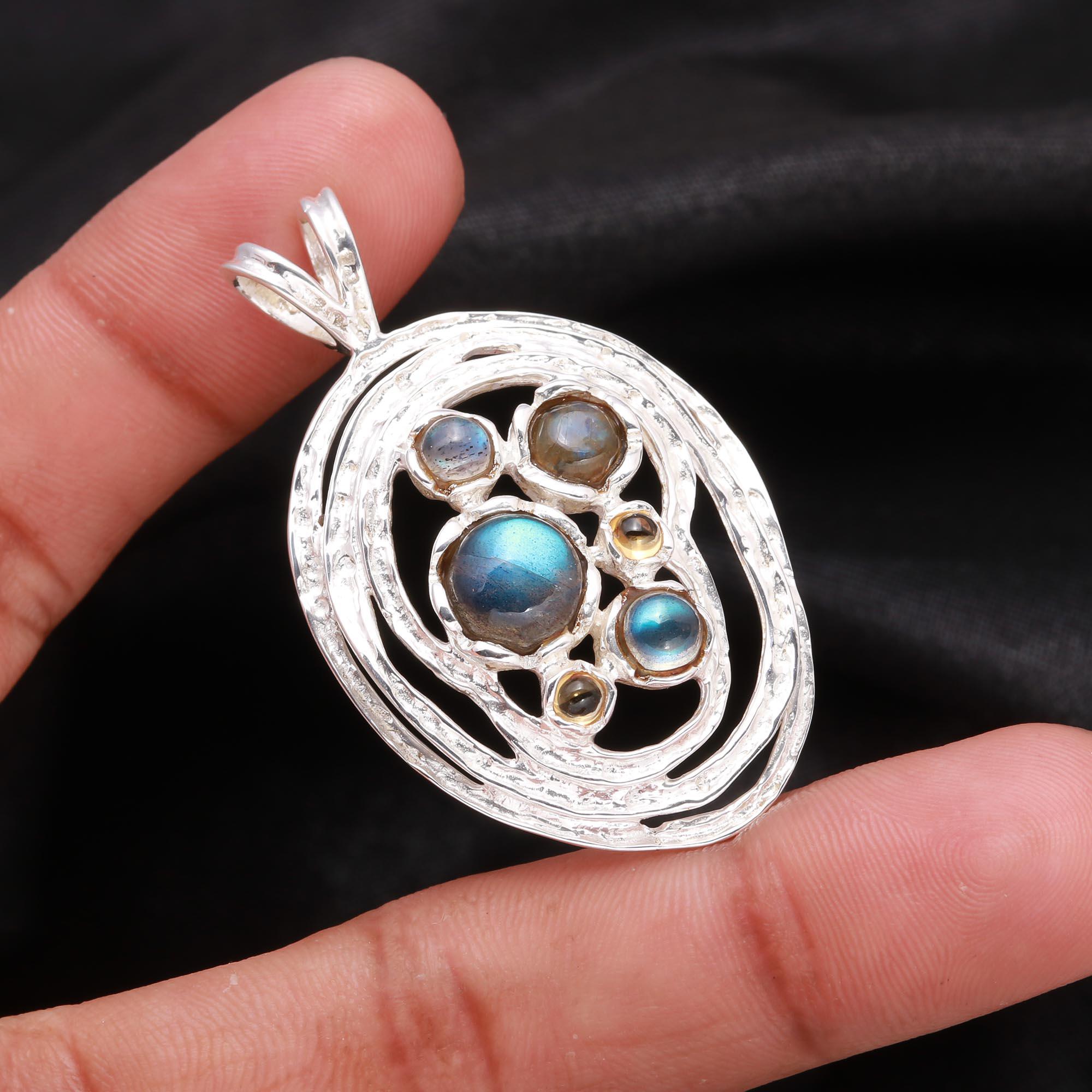 925 Sterling Silver Modern Labradorite & Citrine Pendant