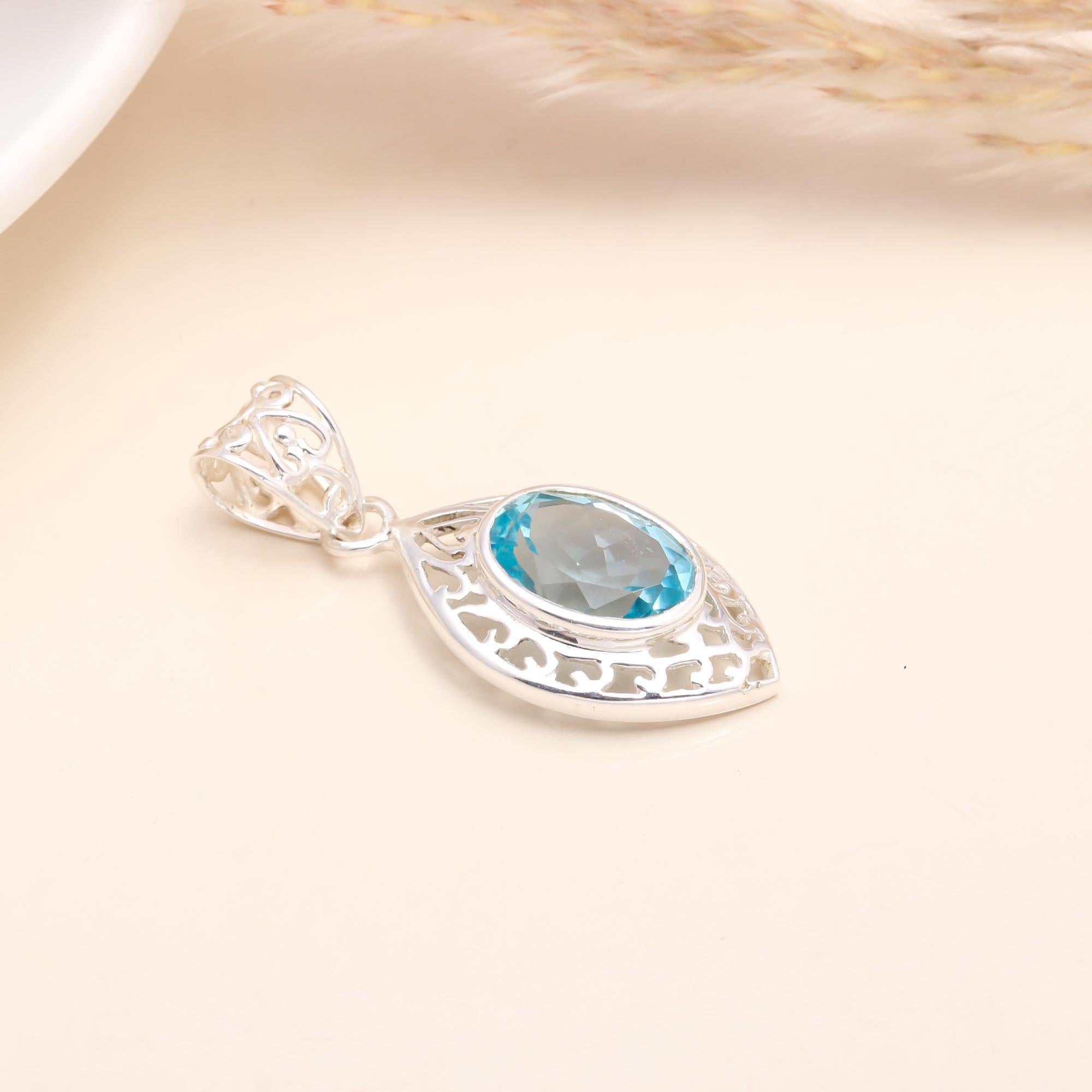 925 Sterling Silver  Blue Topaz Filigree Pendant