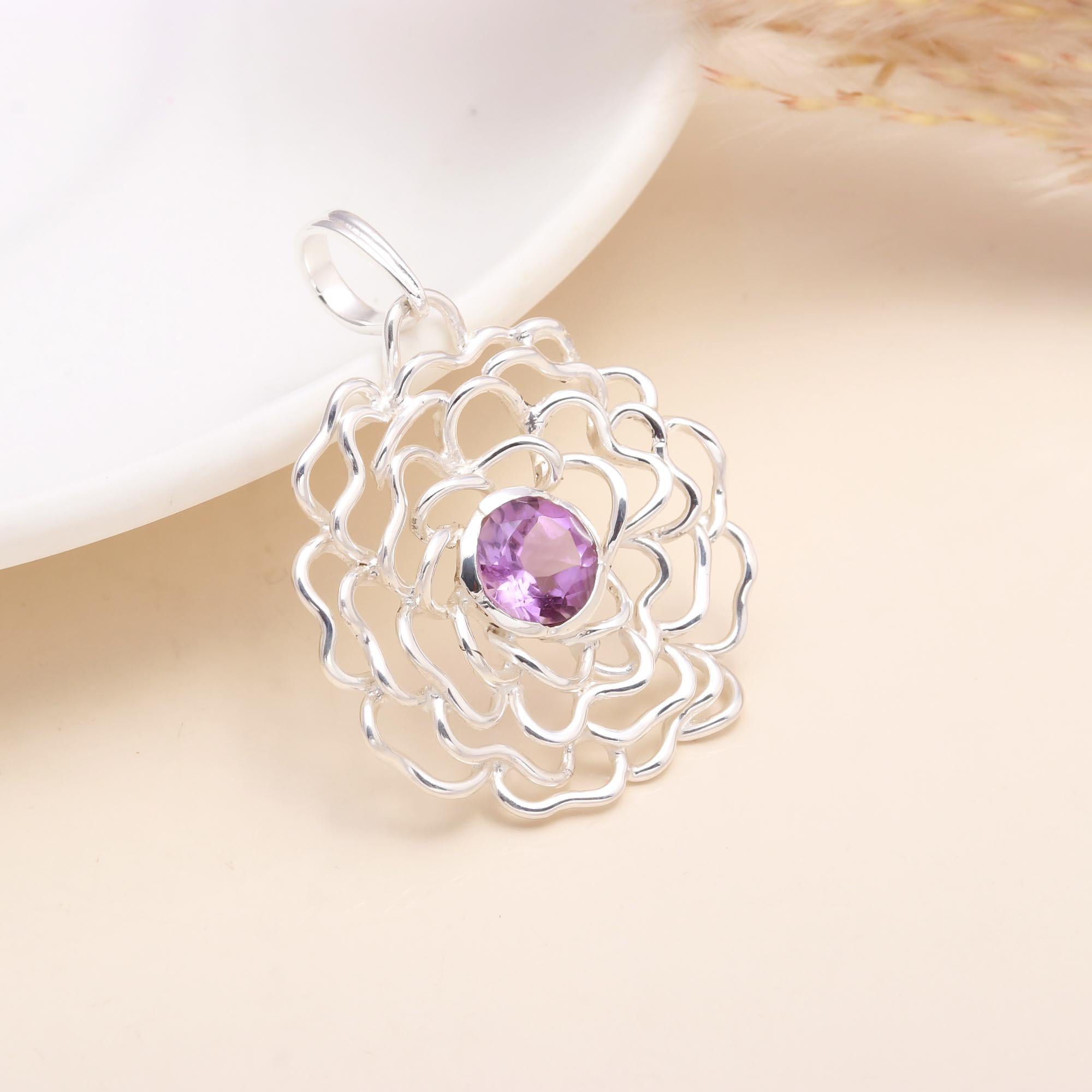 925 Sterling Silver Floral Amethyst Pendant