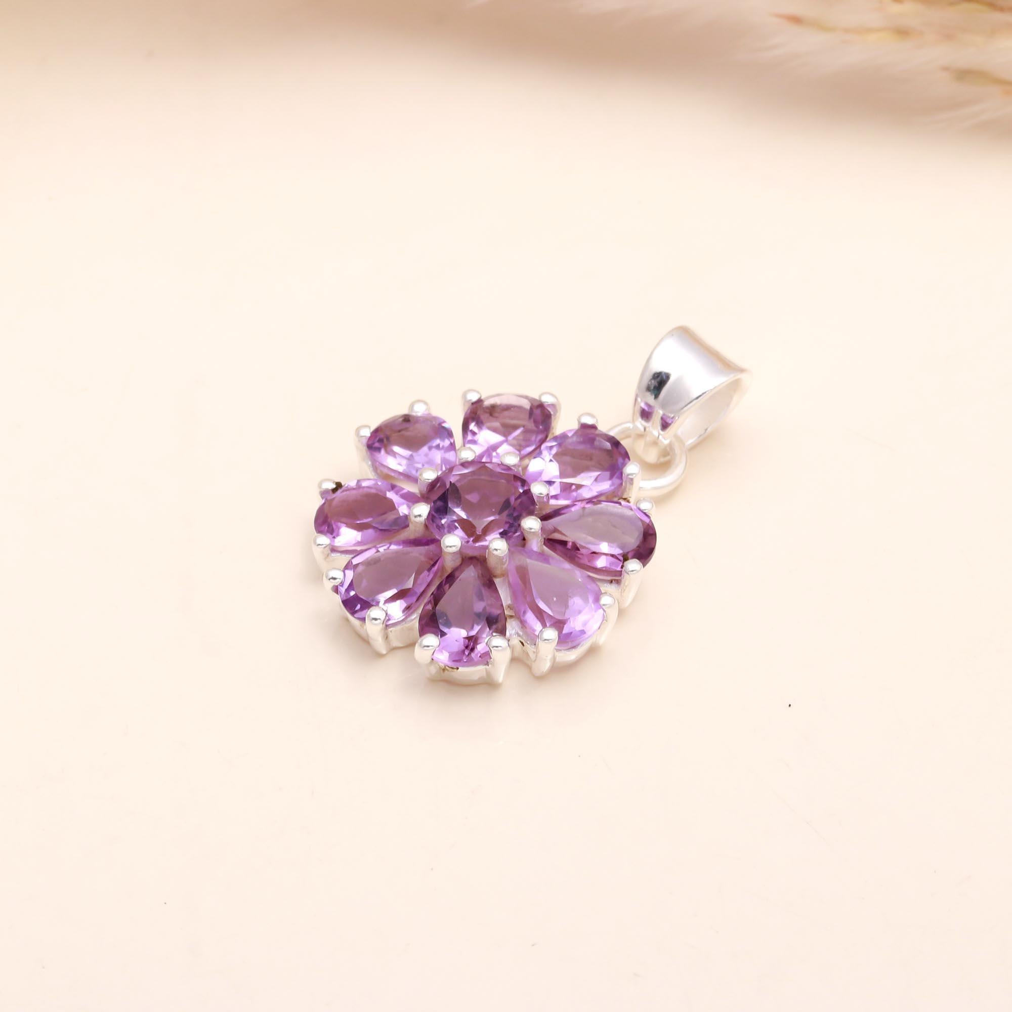 925 Sterling Silver Amethyst Floral Pendant